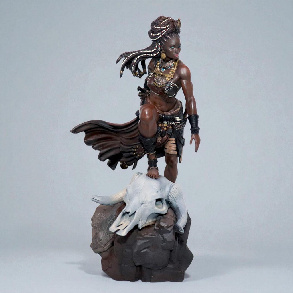 Elzebe, the Warrior Queen, stands atop a rocky skull, exuding strength and regality. Clad in intricate armor, her braided hair flows as she surveys the battlefield. A fierce leader, she embodies resilience and power, a true queen of war and legend.