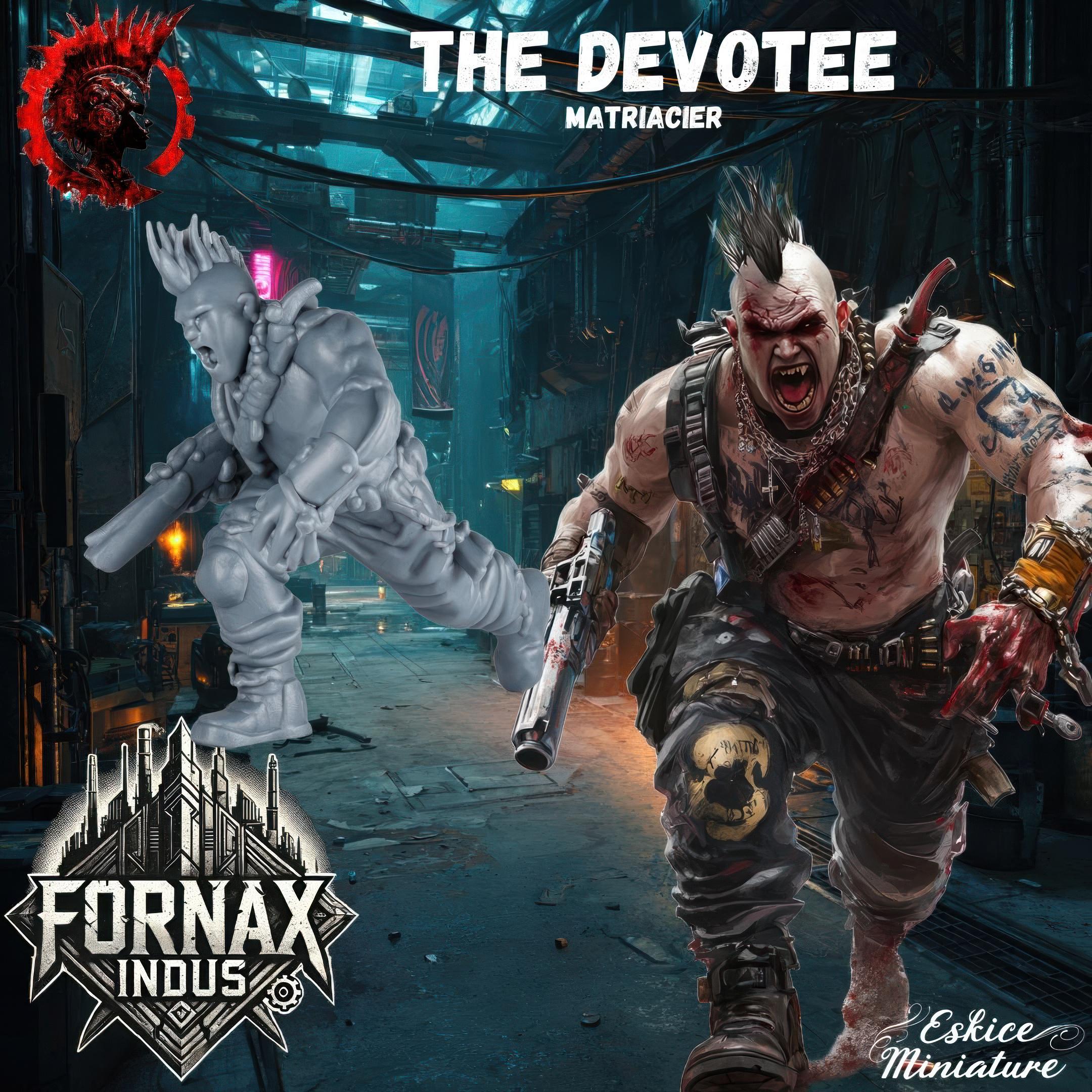 A group of six highly detailed 3D-printed miniatures representing a post-apocalyptic punk gang, featuring fierce female and male characters with mohawks, cybernetic enhancements, and heavy weaponry. The figures are designed in a gritty sci-fi style, posed for action, and intended for tabletop wargaming. The background includes the illustrated gang members in a dark, dystopian alleyway, reinforcing the futuristic and rebellious aesthetic of the Fornax Indus universe.