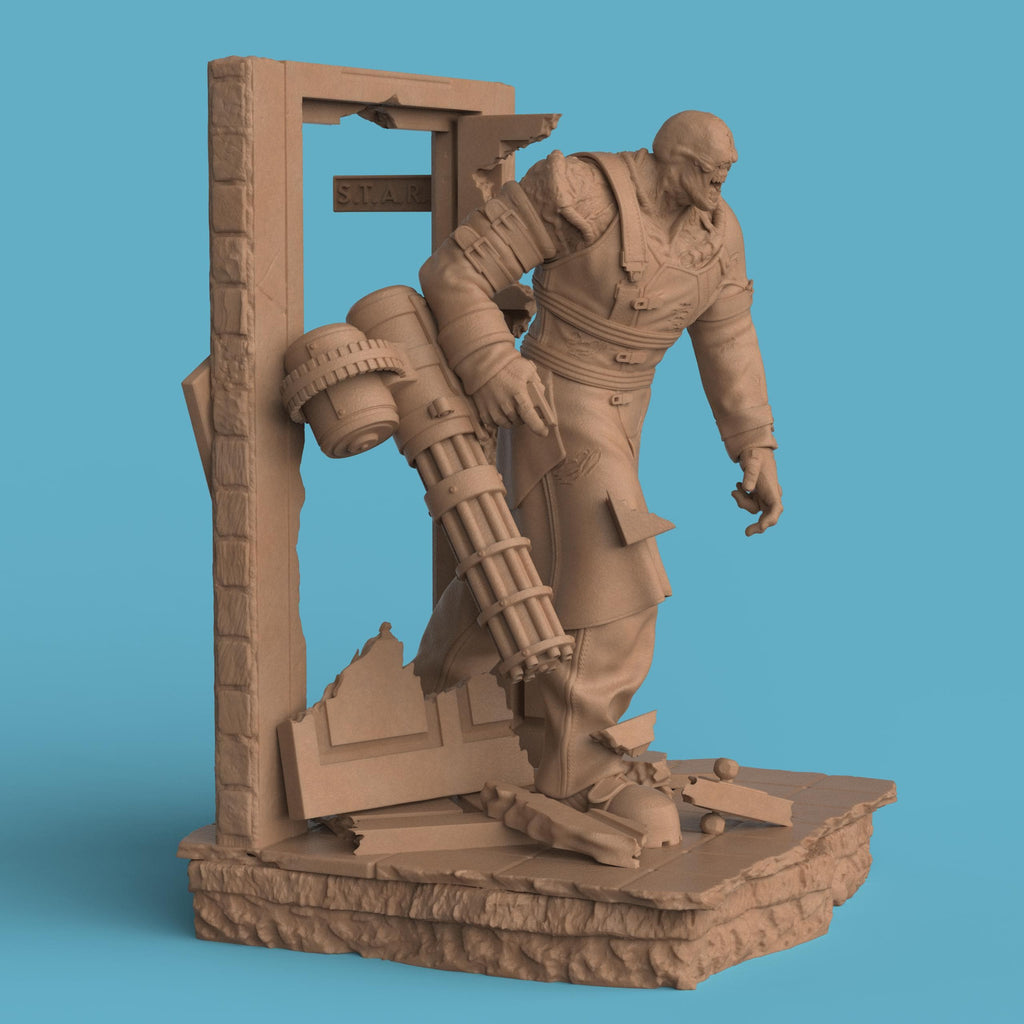 A figurine depicting Nemesis of the Dead, featuring a monstrous humanoid character with exposed, veined shoulders and a heavily scarred face. The figure stands menacingly inside a battered doorway, holding a large gatling gun and wearing a tattered black trench coat. The base shows broken debris and rubble, emphasizing a sense of destruction.