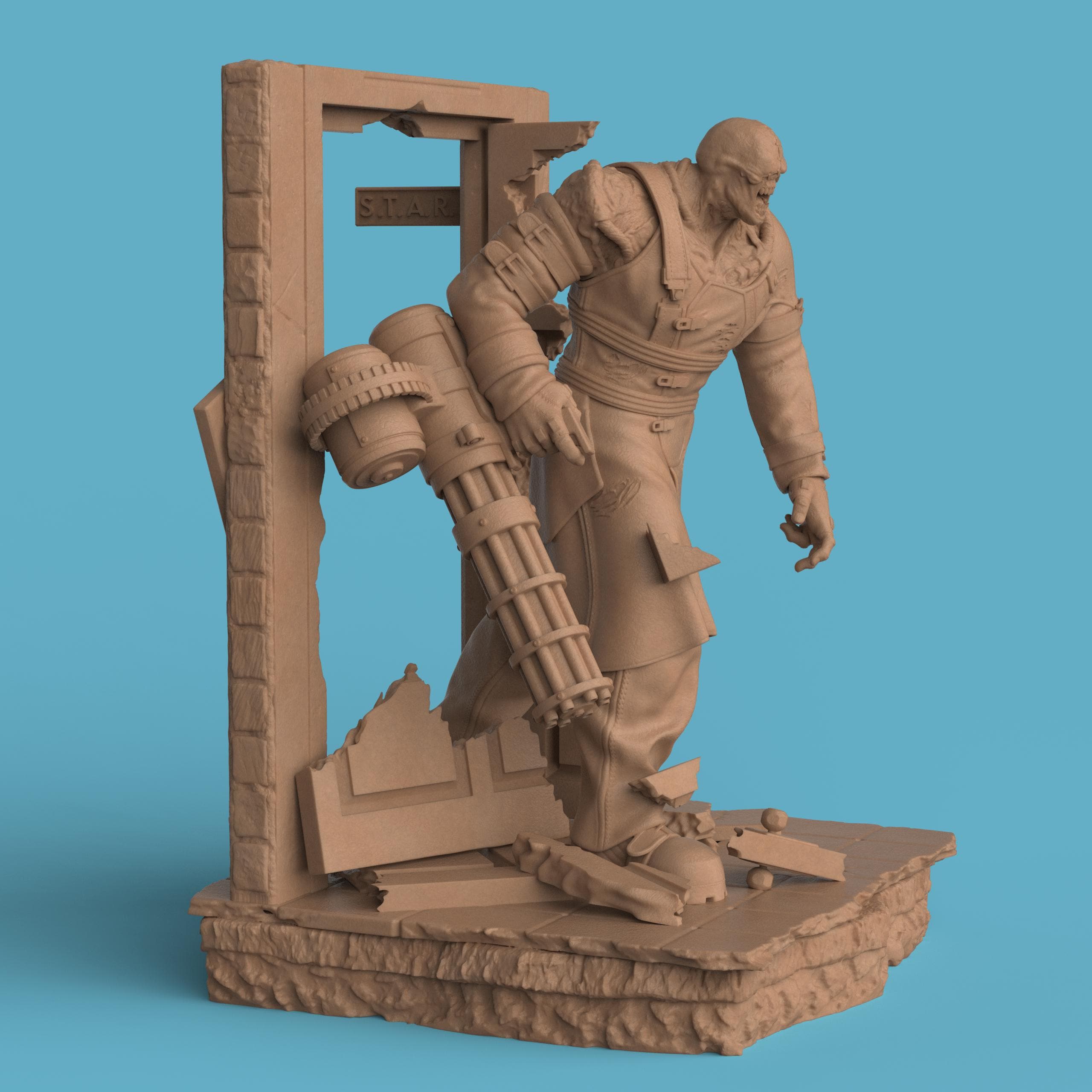 A figurine depicting Nemesis of the Dead, featuring a monstrous humanoid character with exposed, veined shoulders and a heavily scarred face. The figure stands menacingly inside a battered doorway, holding a large gatling gun and wearing a tattered black trench coat. The base shows broken debris and rubble, emphasizing a sense of destruction.