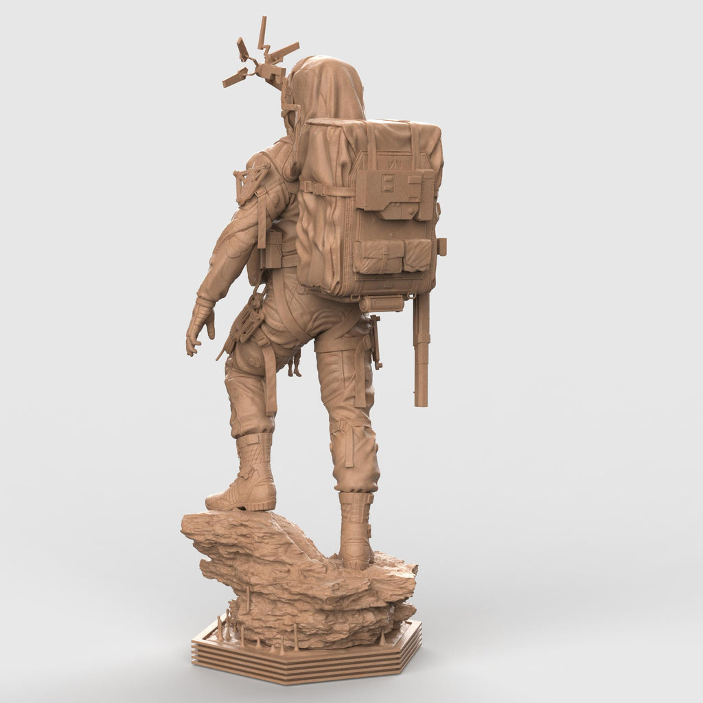 Delivery Man figurine depicting a rugged adventurer in detailed gear carrying supplies and equipment, standing firmly on a rocky base, available as an unpainted resin model.
