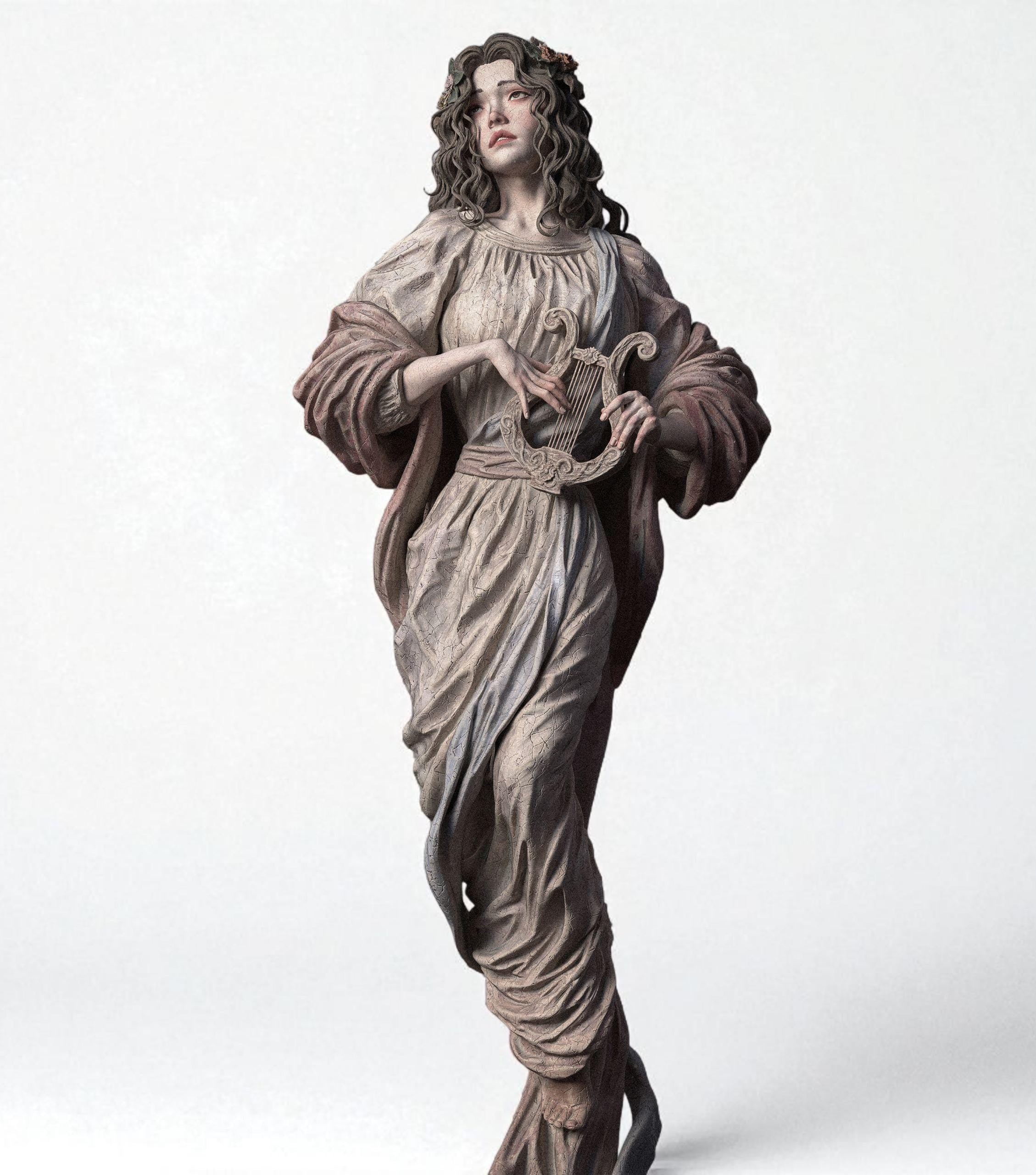 The Muse statuette featuring a graceful woman in flowing robes holding a lyre, with detailed drapery and serene expression, available in fully painted and unpainted resin versions.