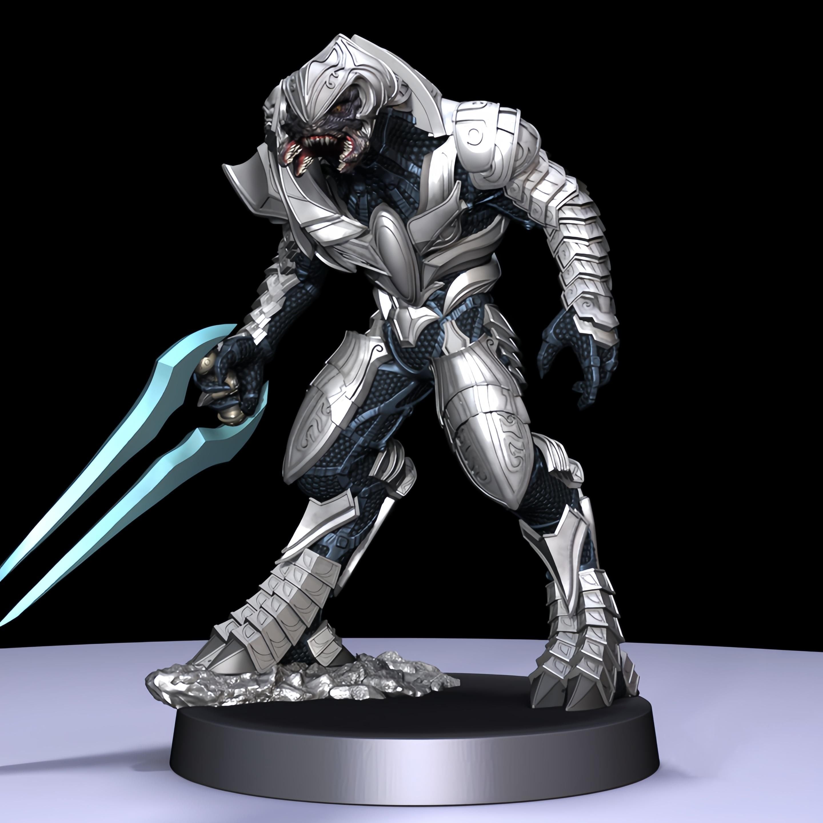 Arbiter miniatures in silver armor with blue details, posed dynamically with an energy sword or plasma rifle. Intricate sculpting captures the iconic Sangheili warrior, perfect for collectors and tabletop games.