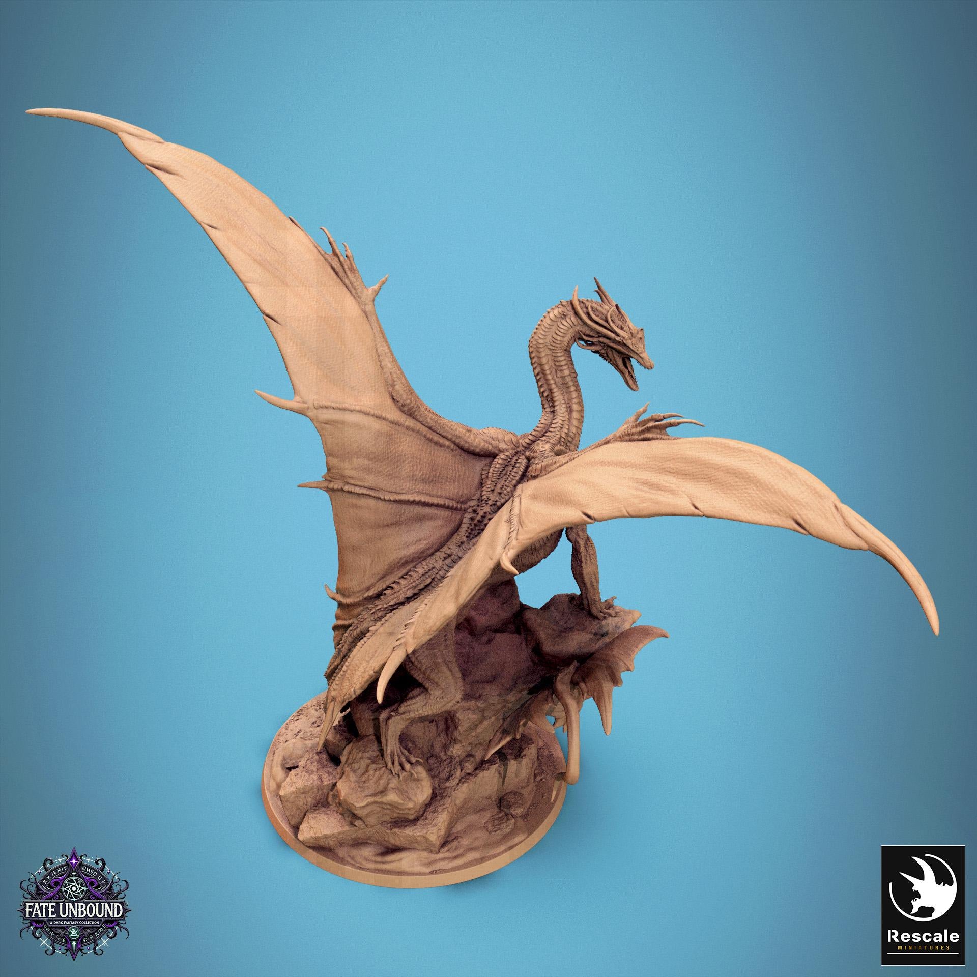 RPG miniatures set from Fate Unbound by Rescale Miniatures. Features various winged creatures, armored warriors, and dragons posed dynamically, ideal for tabletop games.