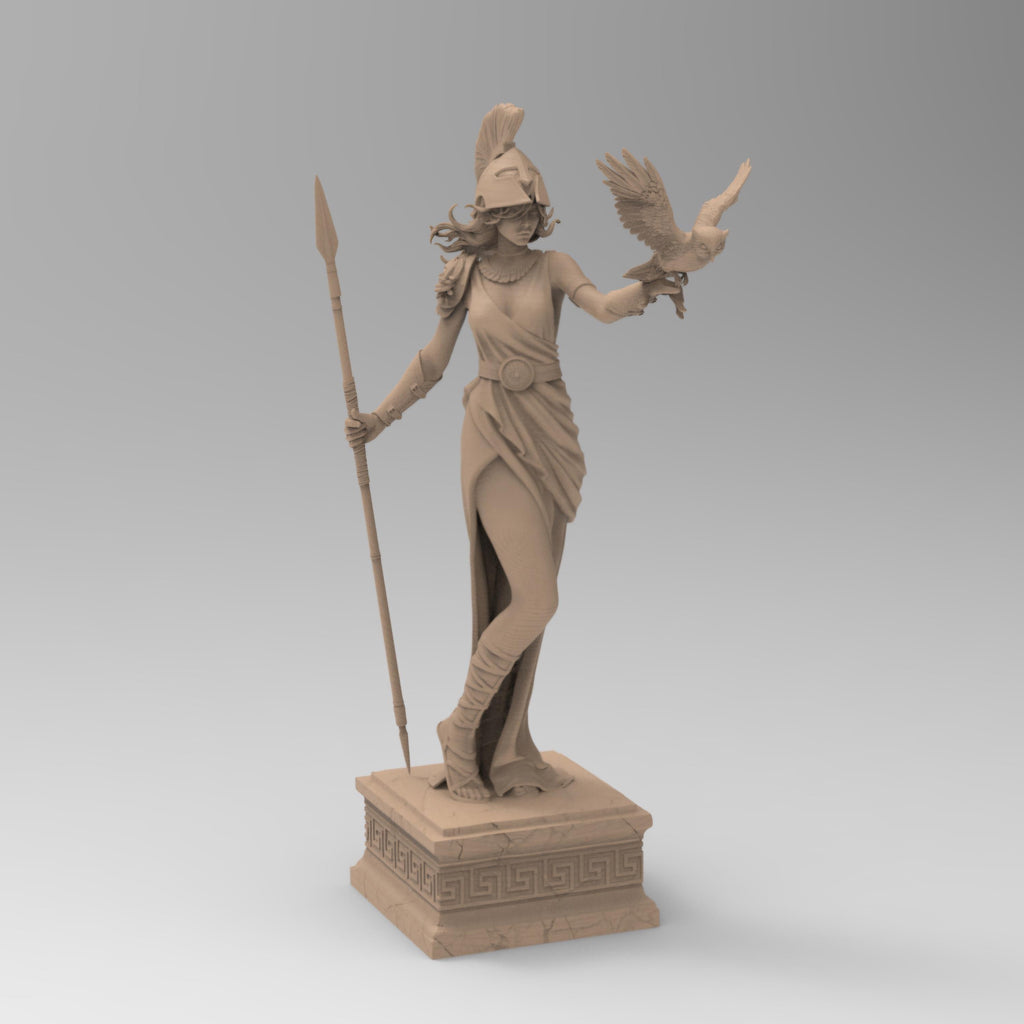 Statue of Athena, the Greek goddess of wisdom, featuring a detailed helmet, flowing robe, spear, and an owl perched on her arm, standing gracefully on a decorative pedestal.