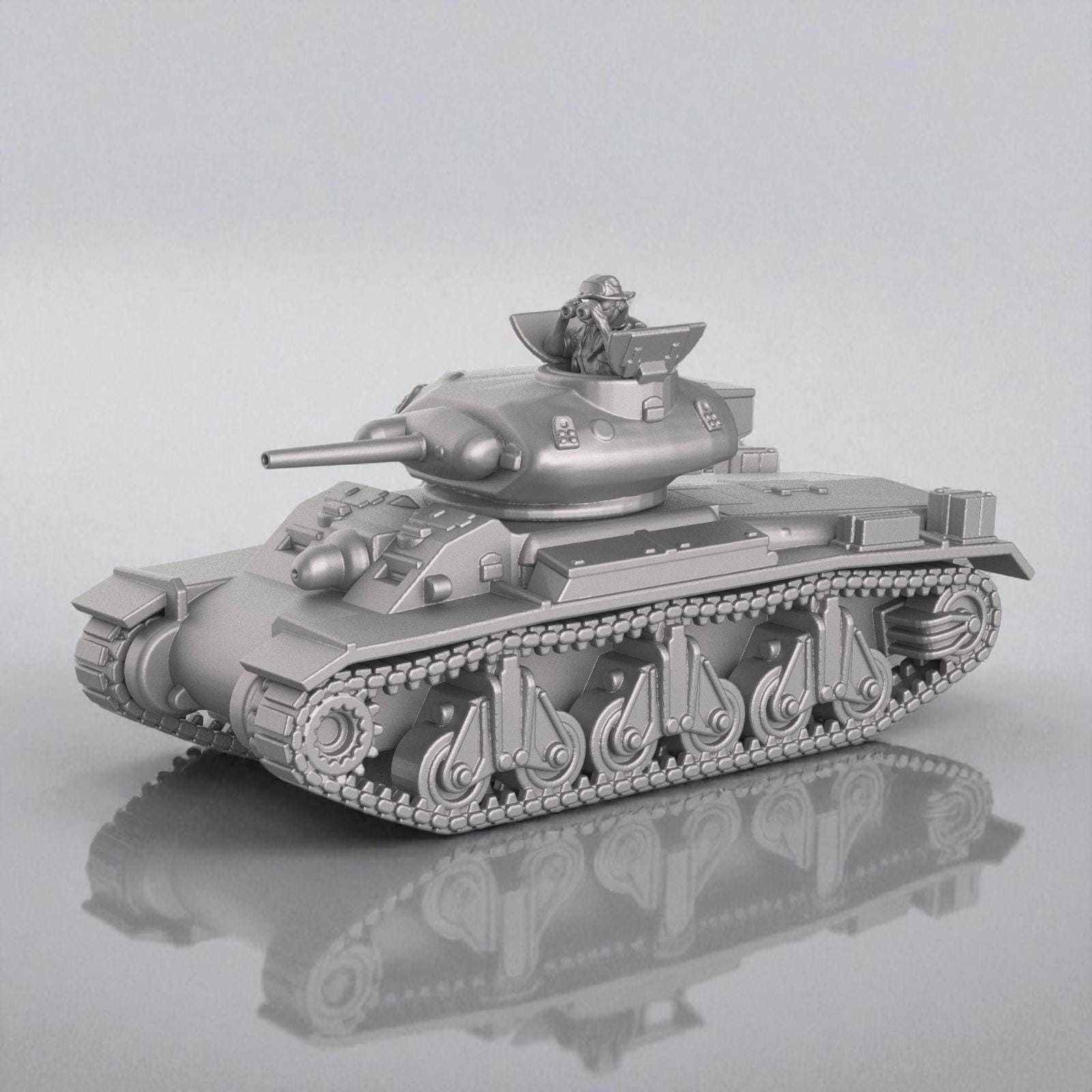 3D model of the Sentinel AC1 tank, featuring rounded turret with mounted gunner figure, smooth armored hull, and distinctive suspension with four large bogies per side, shown in metallic silver finish.