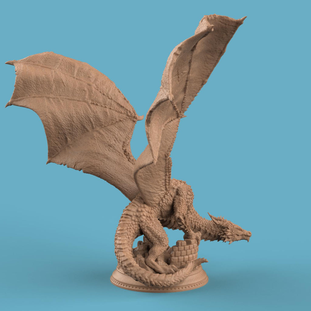 3D-printed Azmordion Silver Dragon miniature with massive outstretched wings, detailed scales, and a coiled tail perched against a ruined stone wall. Fantasy dragon collectible perfect for tabletop games or display.