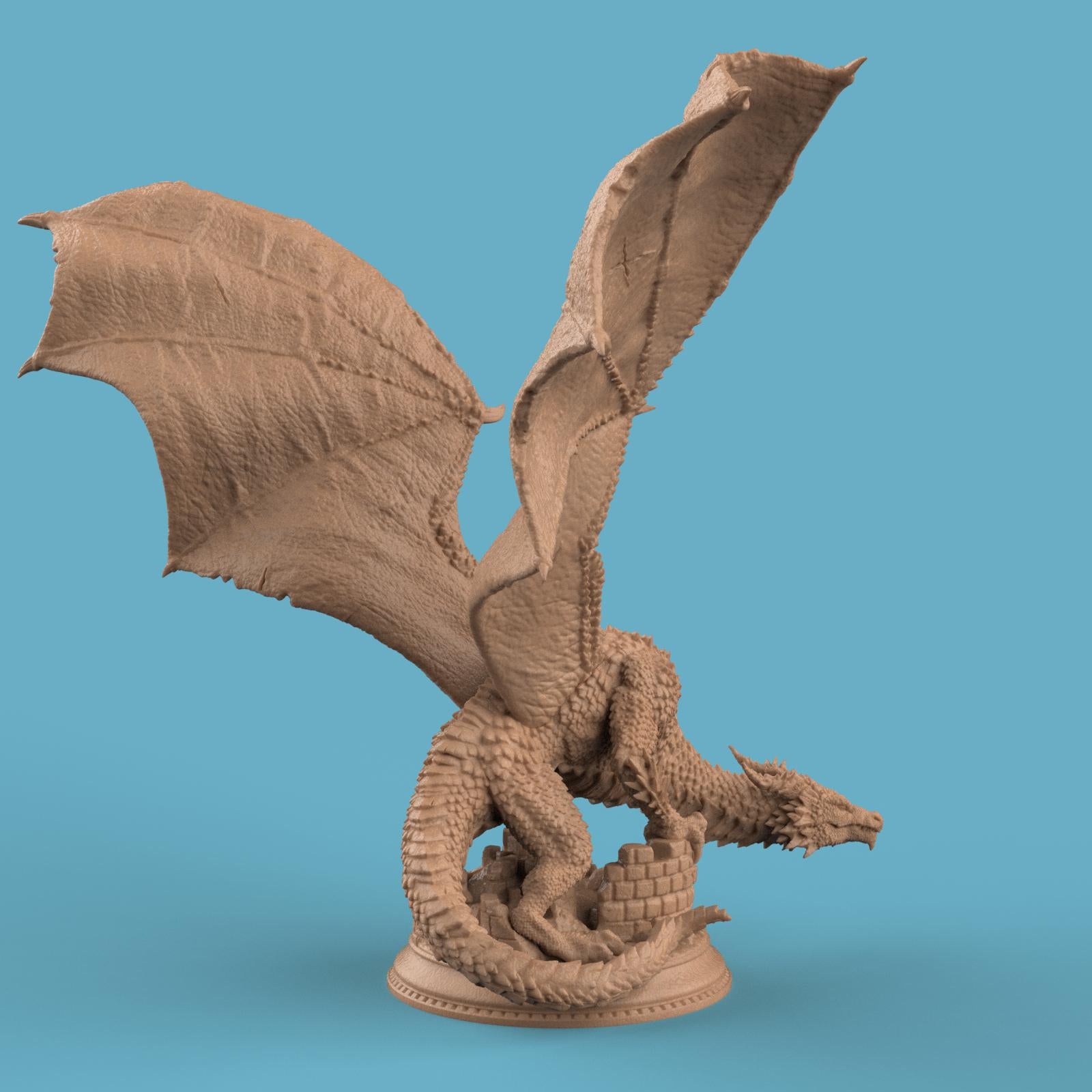 3D-printed Azmordion Silver Dragon miniature with massive outstretched wings, detailed scales, and a coiled tail perched against a ruined stone wall. Fantasy dragon collectible perfect for tabletop games or display.