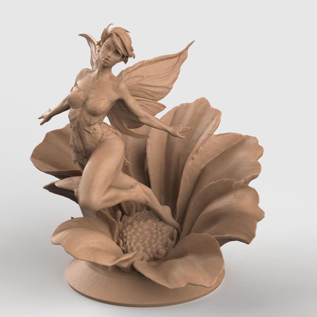 3D-printed figurine of a graceful fairy with delicate wings, poised elegantly atop a blooming flower. The fairy’s flowing form and detailed floral base highlight fantasy artistry, making it a stunning collectible or home décor piece.