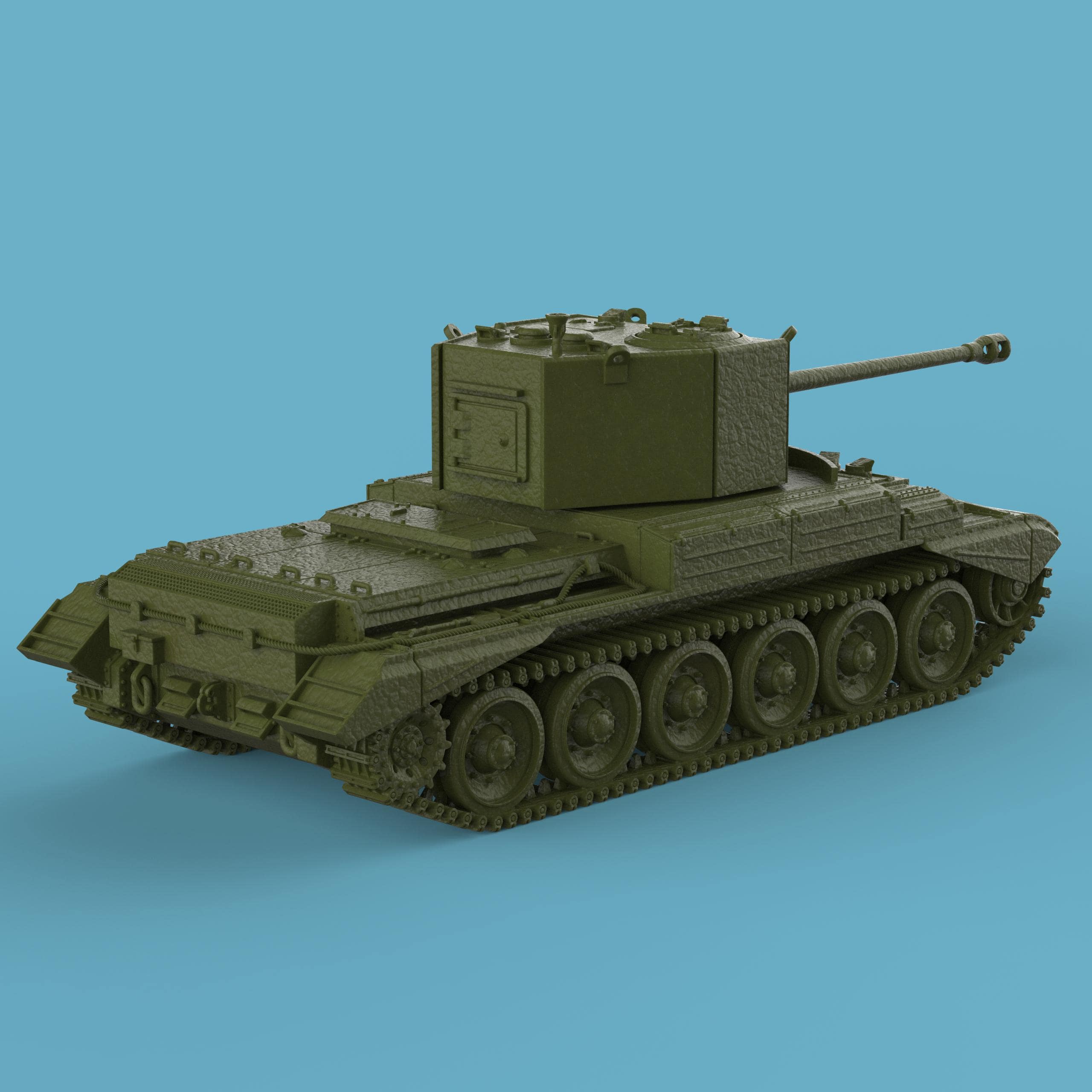 A tabletop miniature model of the A30 Challenger Tank, featuring a detailed turret with a long barrel, six large road wheels on each side, and distinct track and hull details. The model has a textured finish, resembling a scaled-down, resin-cast military tank displayed against a plain blue background.