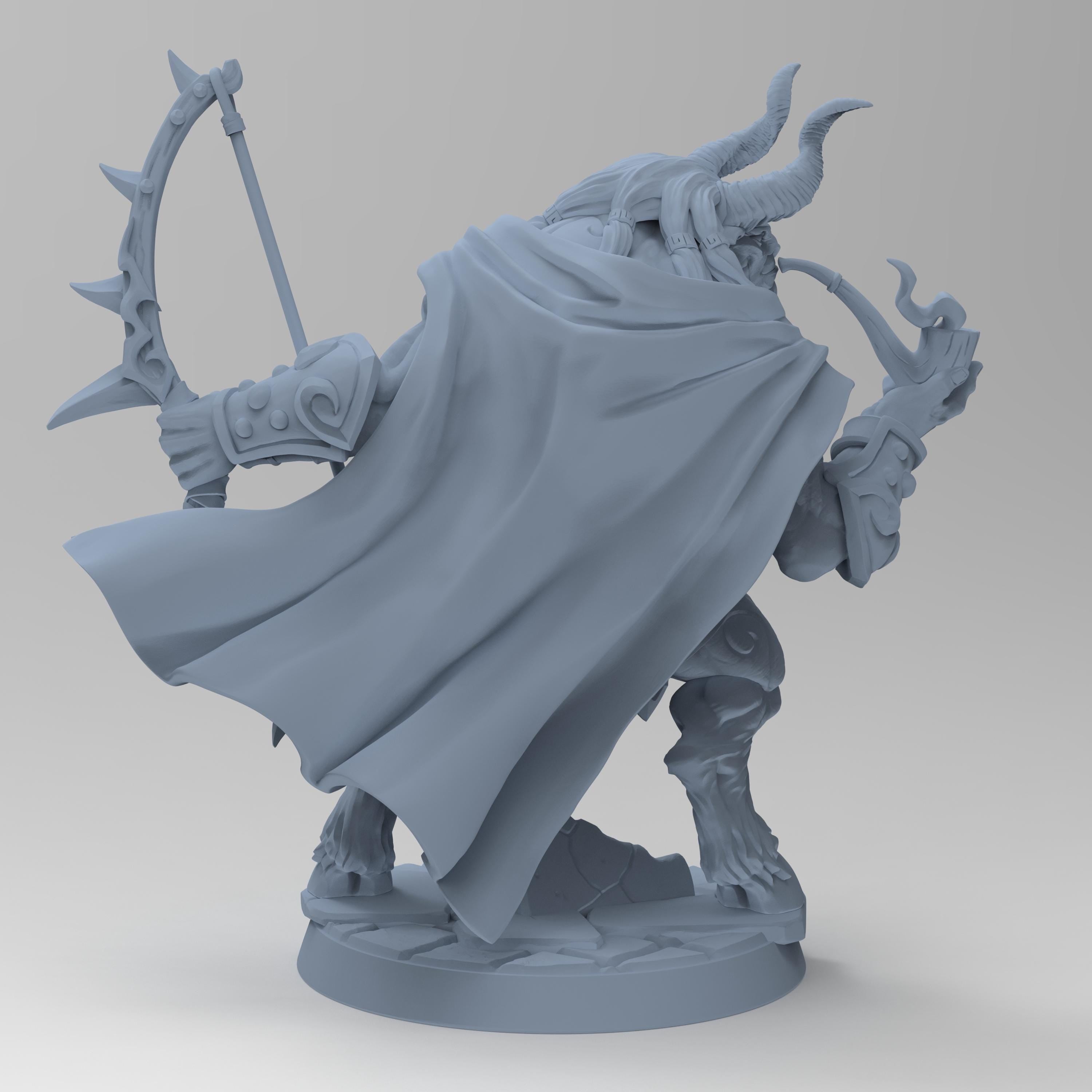 Arkos, the horned archer, strikes a pose with his ornate bow in one hand and a pipe in the other. Clad in ancient armor with a flowing cape, he stands over a broken helm, exuding calm dominance and mythic strength. A perfect fantasy tabletop hero.