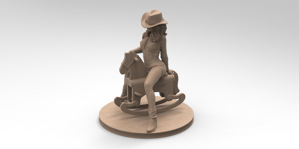 Antique wood-colored statue of a cowgirl wearing a hat and boots, riding a detailed rocking horse, posed on a circular wooden base with a rustic finish.