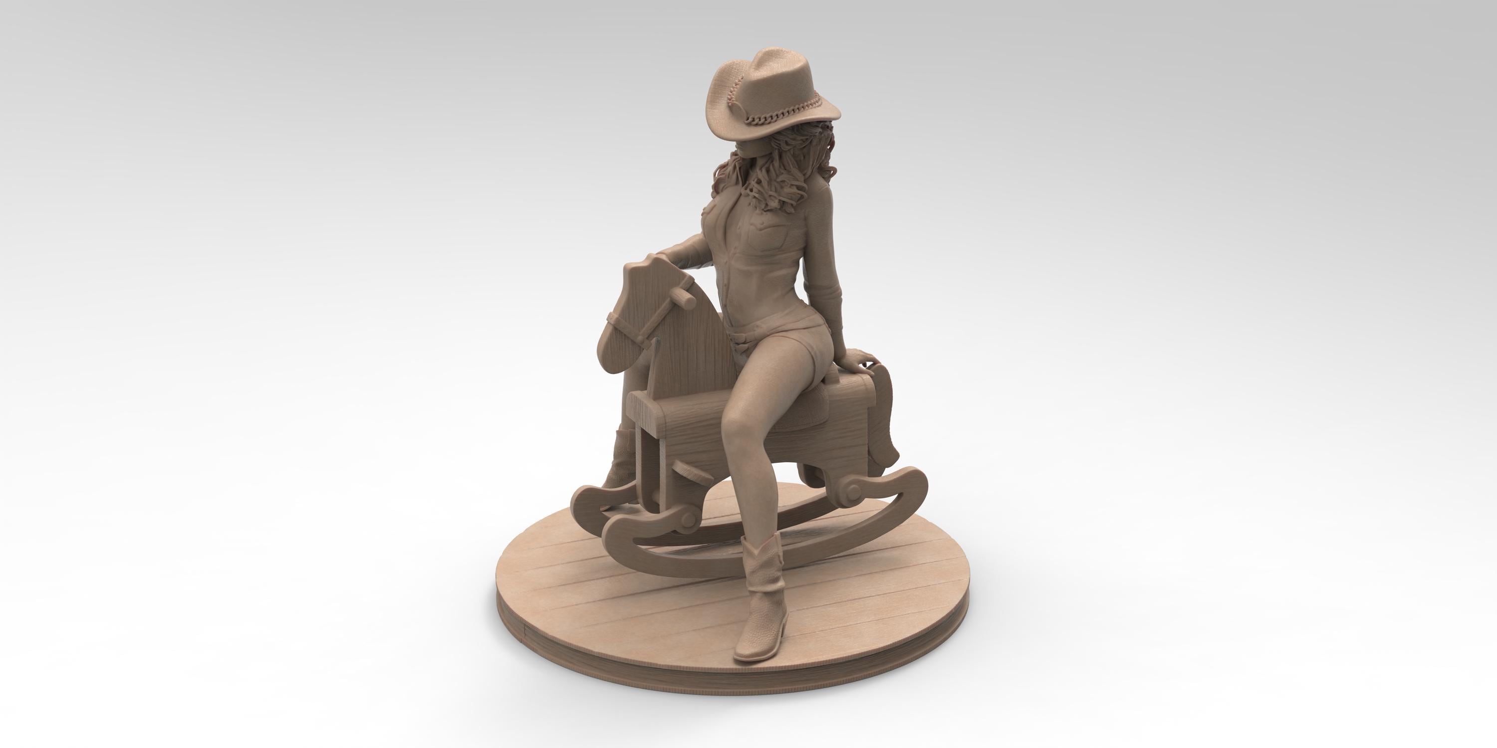 Antique wood-colored statue of a cowgirl wearing a hat and boots, riding a detailed rocking horse, posed on a circular wooden base with a rustic finish.