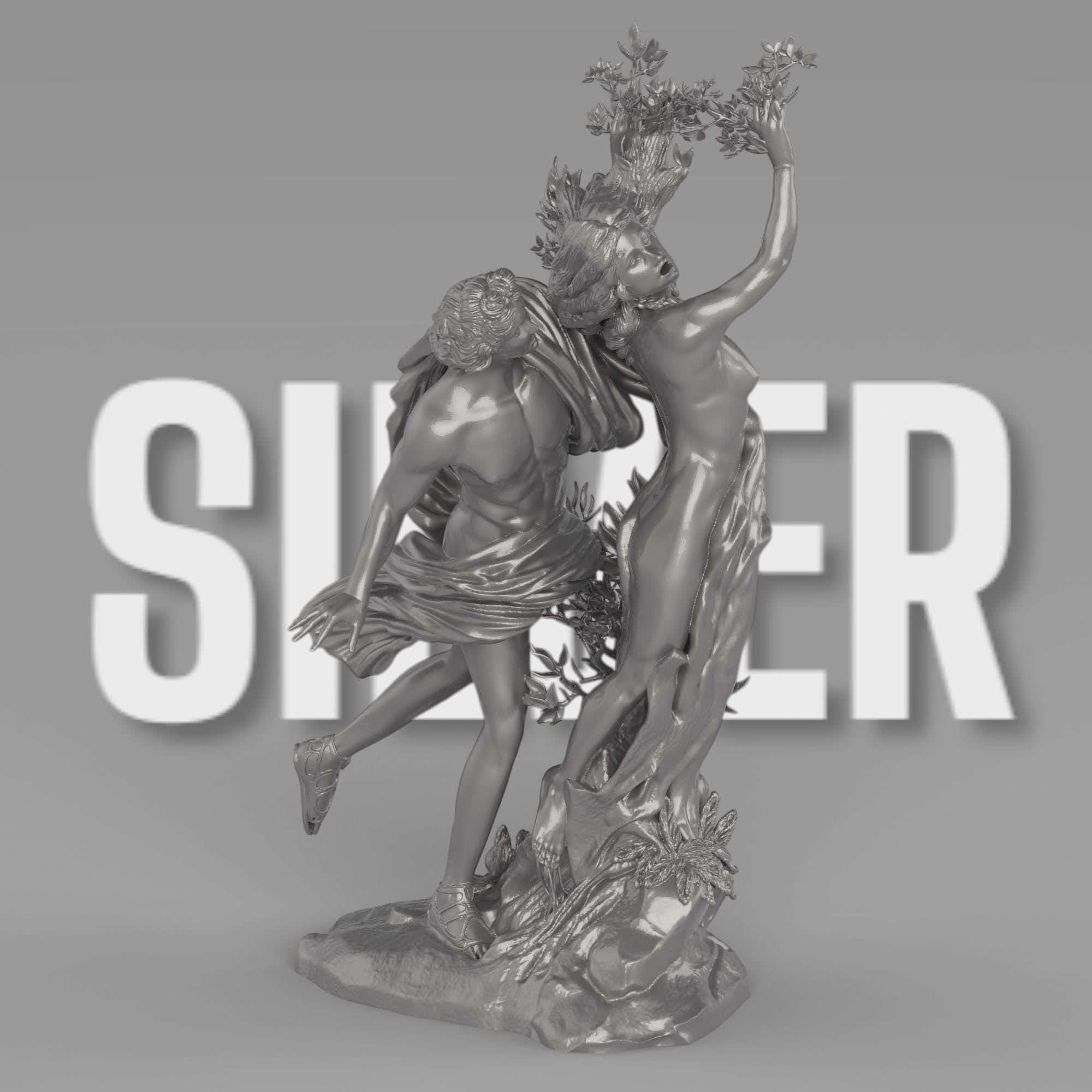 A statue of Apollo reaching for Daphne as she transforms into a laurel tree. Her hands and limbs sprout branches, capturing the dramatic moment of pursuit and escape in intricate detail.