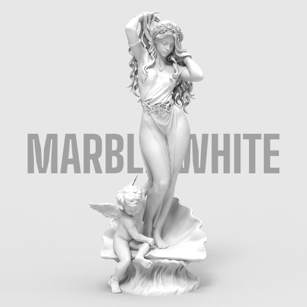 Aphrodite Robe Edition captures the goddess of love in an elegant pose, rising from a seashell as a cherub reaches toward her. This 3D-printed sculpture is a tribute to beauty and myth, featuring flowing hair, a delicate robe, and intricate detail that brings classical charm into any space.