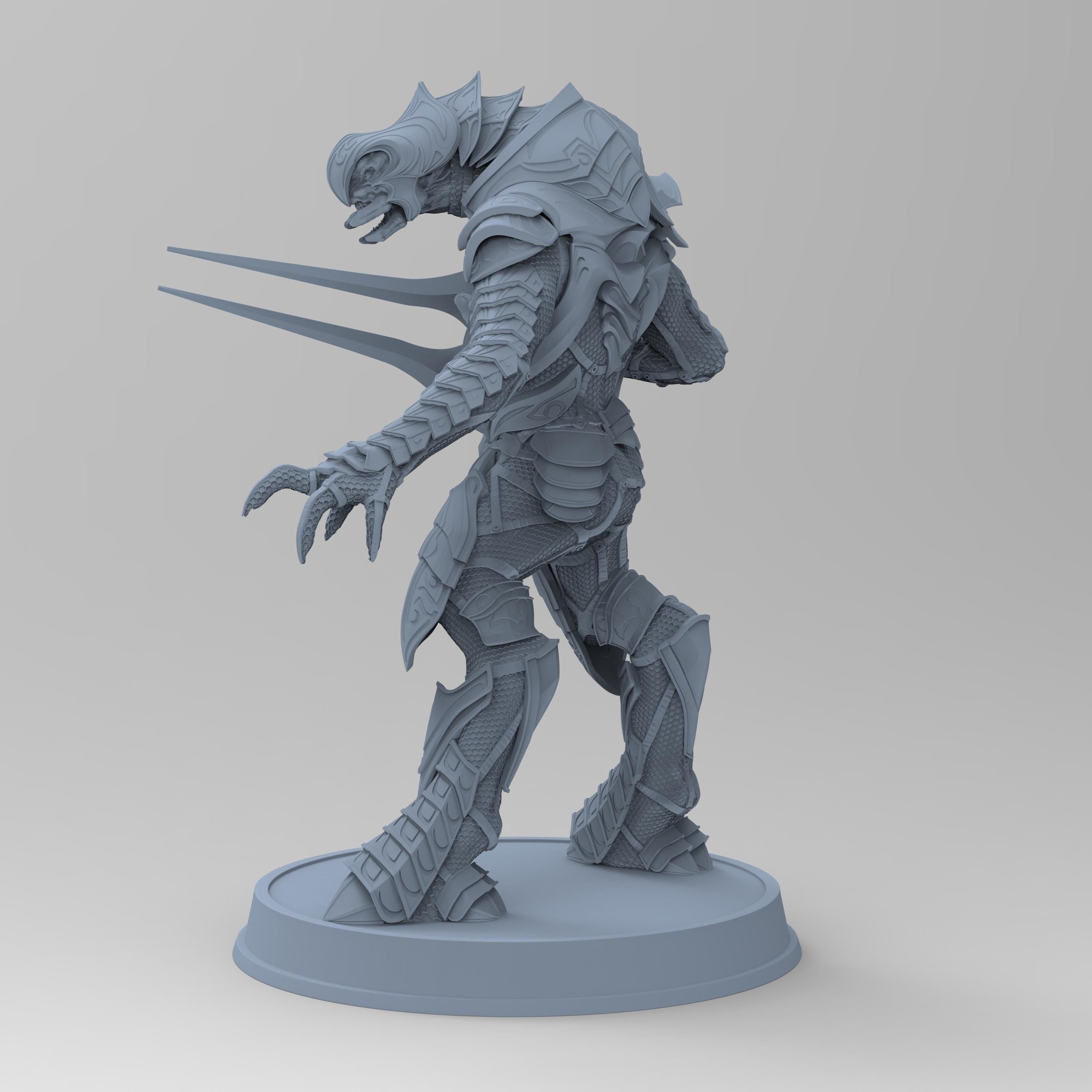 Unpainted Arbiter figurine, showcasing intricate armor and weapon details, standing on a round base, highlighting its alien design and dynamic pose.