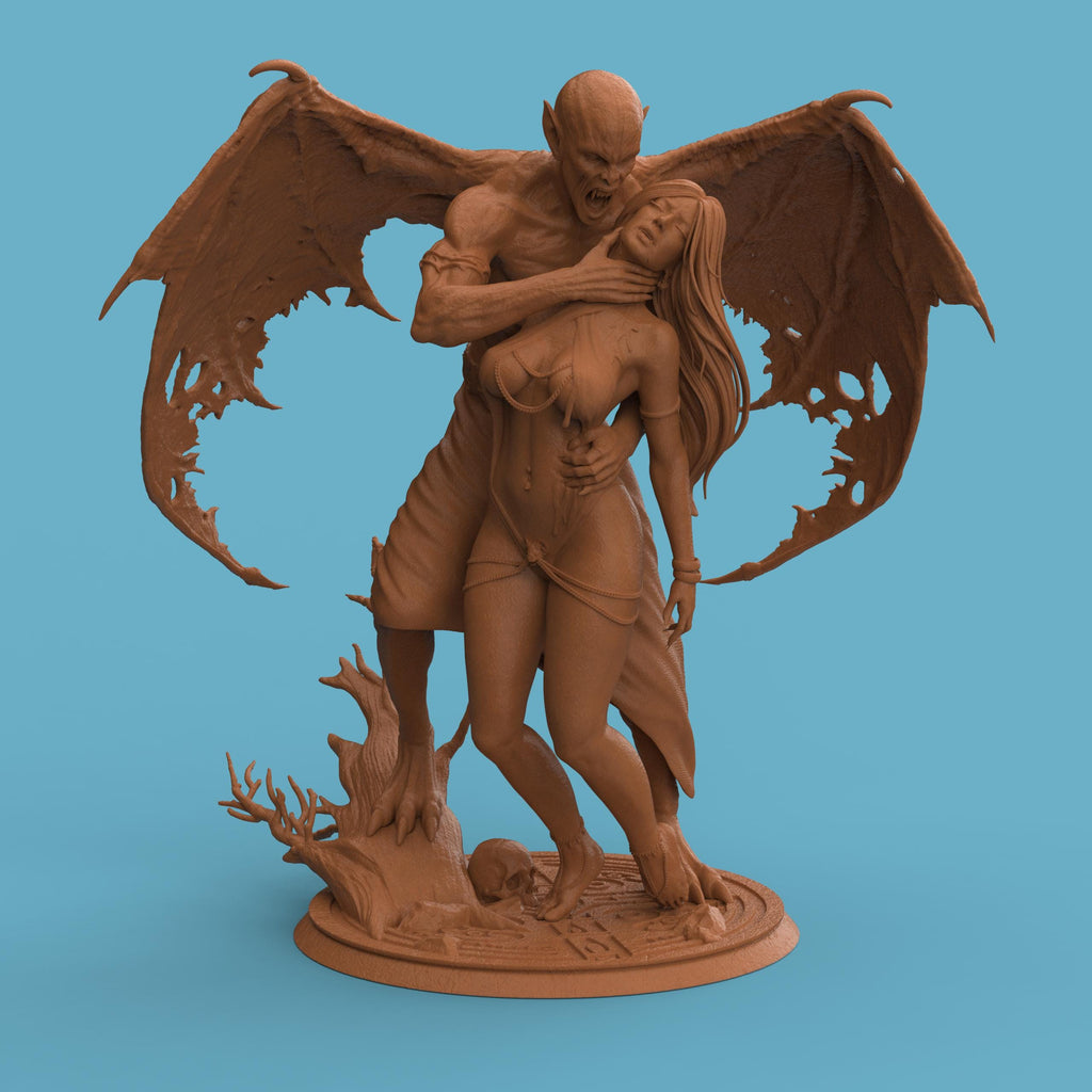 3D-printed Dracula’s Desire figurine featuring a dramatic vampire and victim scene, capturing gothic passion and dark fantasy. The detailed sculpture showcases expressive poses, intricate anatomy, and realistic textures — from tattered wings to flowing hair — symbolizing temptation, dominance, and the timeless allure of the night.