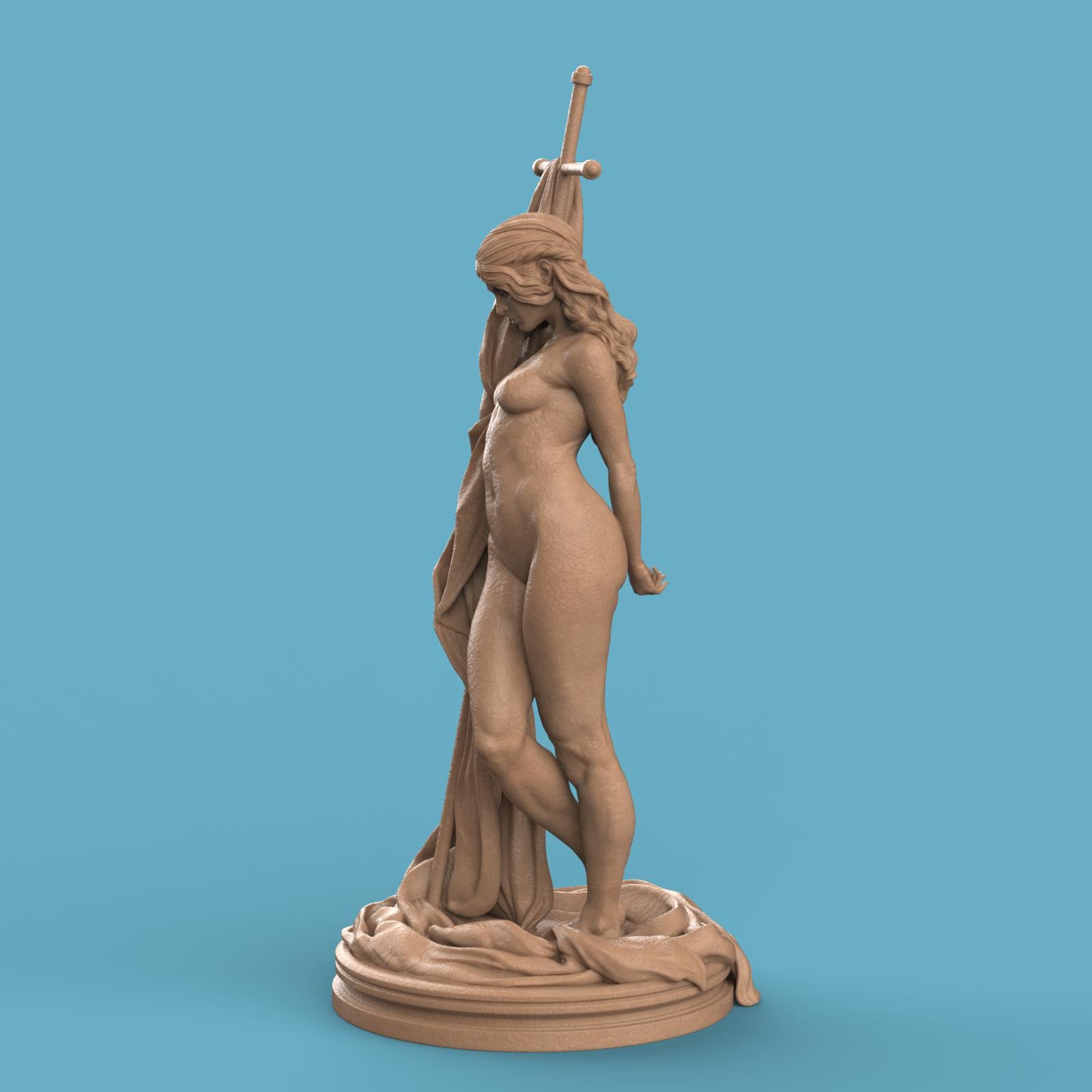 3D-printed Helga statue featuring a graceful nude female figure posed beside a large cross-draped cloth, standing on a textured circular base. Elegant and artistic collectible sculpture, ideal for home décor or display.