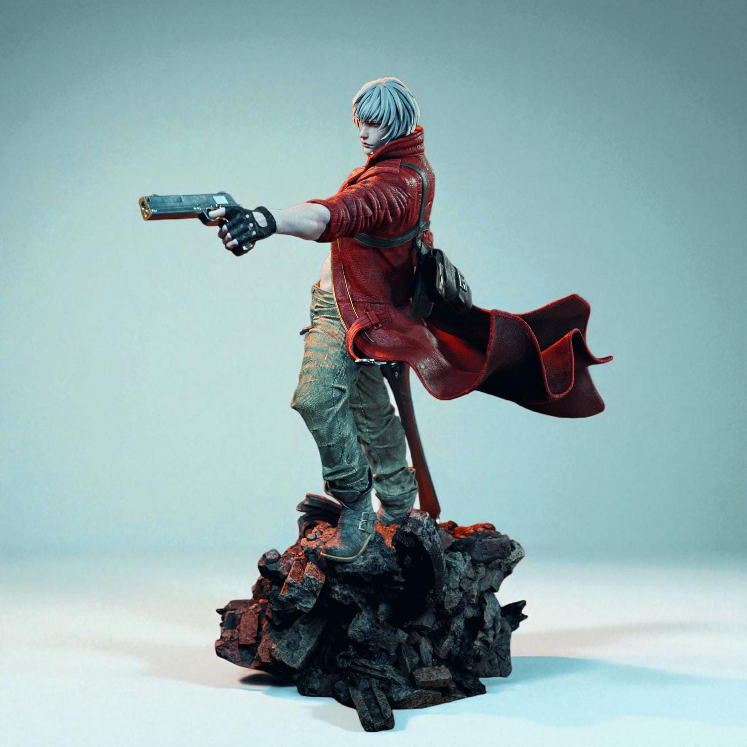 Dante figurine posed dynamically on rocky terrain, wearing a flowing red coat and holding a pistol aimed forward, with detailed sculpting and painted finish.