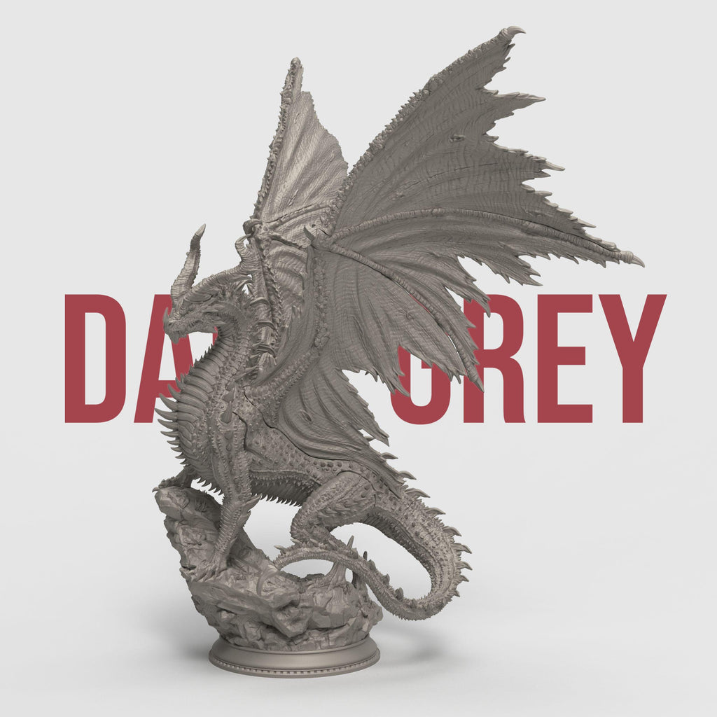 Highly detailed 3D-printed miniature of a Black Ancient Dragon perched atop jagged rocky terrain. The dragon features menacing horns, sharp spines along its body, and expansive, tattered wings spread wide in a dominant pose. Sculpted with fine textures, including intricate scales and a fierce, snarling expression.