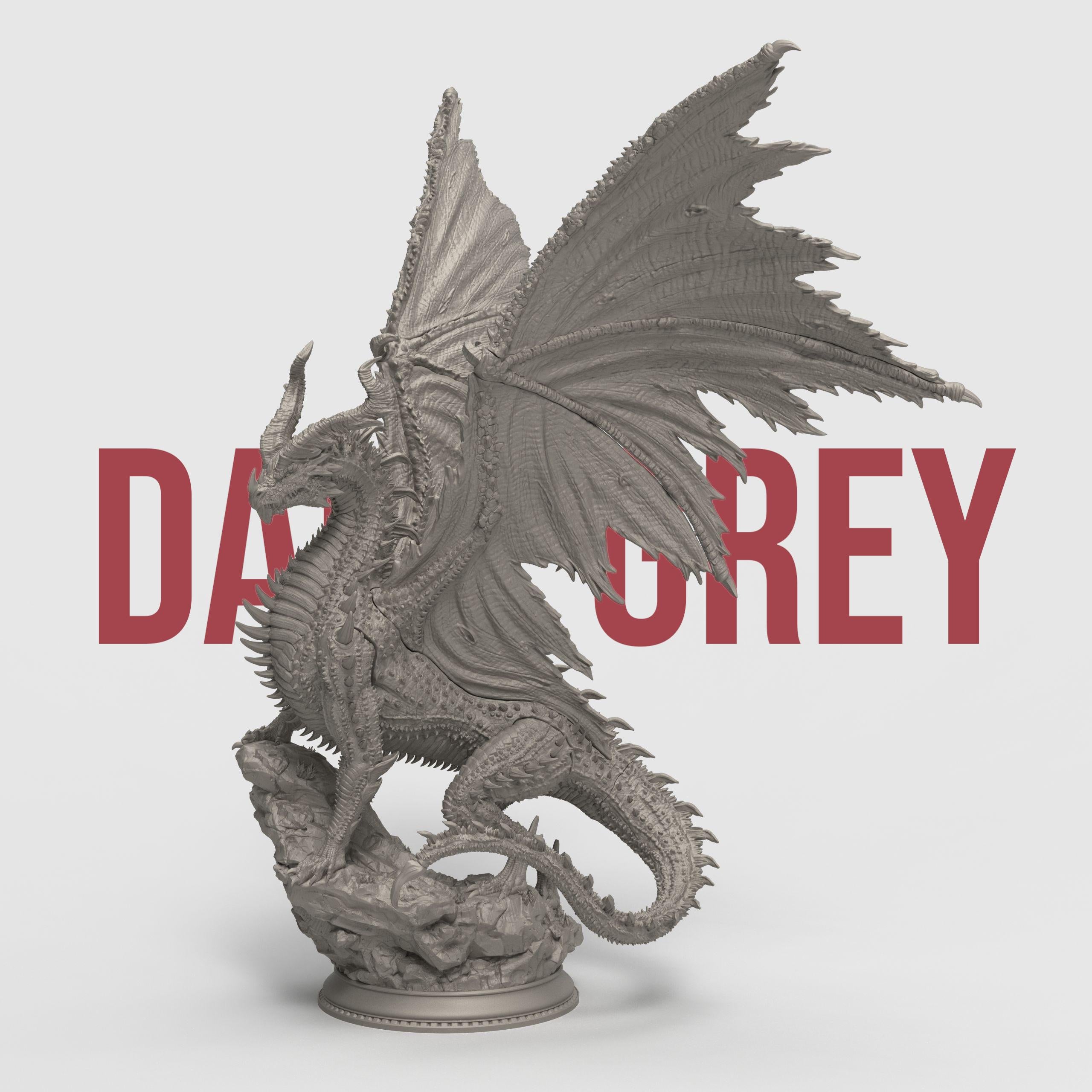 Highly detailed 3D-printed miniature of a Black Ancient Dragon perched atop jagged rocky terrain. The dragon features menacing horns, sharp spines along its body, and expansive, tattered wings spread wide in a dominant pose. Sculpted with fine textures, including intricate scales and a fierce, snarling expression.