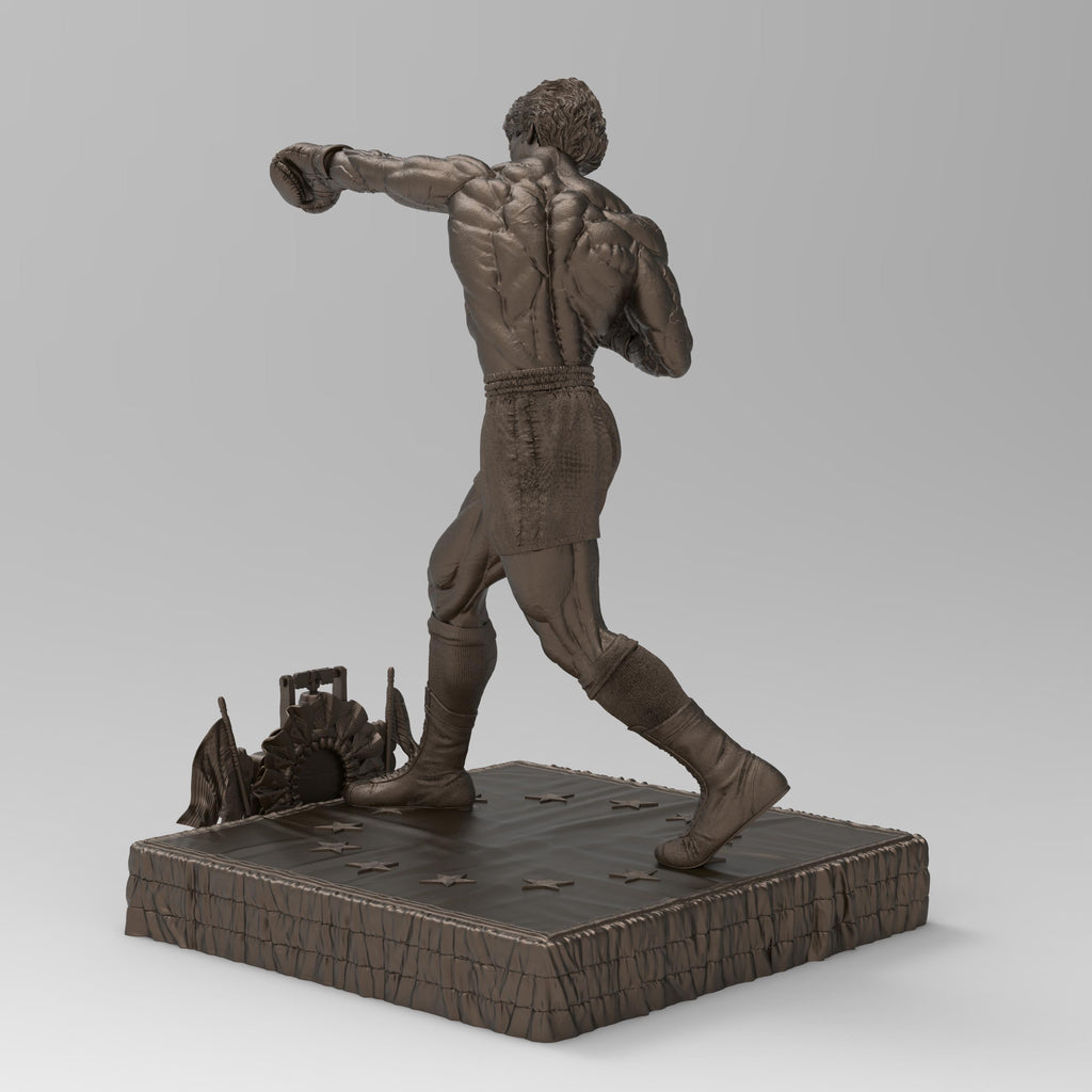 Rocky Balboa statuette capturing the iconic boxer in a powerful fighting stance. Features sculpted muscles, boxing gloves, and a detailed base with championship elements, embodying determination and resilience.
