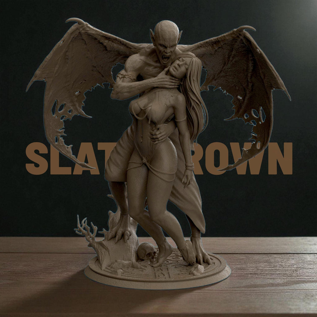 3D-printed Dracula’s Desire figurine featuring a dramatic vampire and victim scene, capturing gothic passion and dark fantasy. The detailed sculpture showcases expressive poses, intricate anatomy, and realistic textures — from tattered wings to flowing hair — symbolizing temptation, dominance, and the timeless allure of the night.
