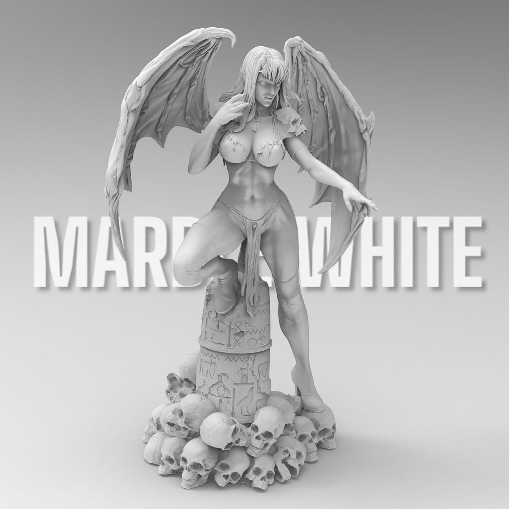 Demoness with bat-like wings, red skin, black armor, and piercing yellow eyes. She stands atop skulls, exuding power and allure. With curved horns and a confident stance, she embodies a seductive yet menacing presence.