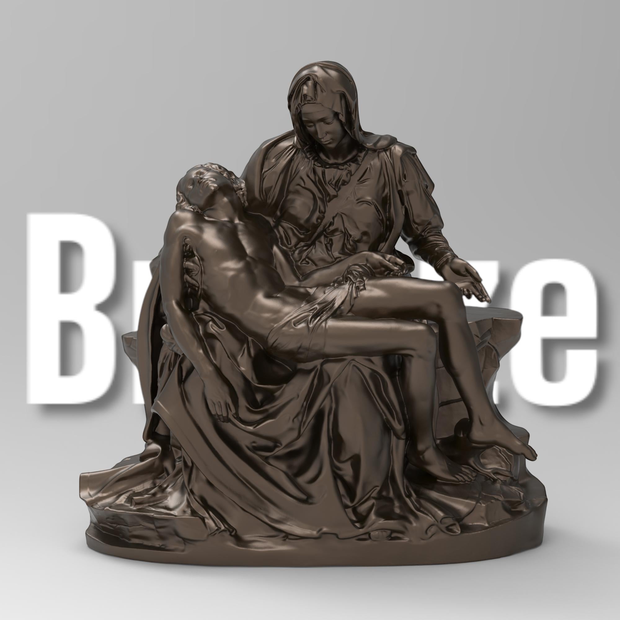 Detailed La Pietà statuette depicting Mary cradling the lifeless body of Jesus. Features intricate drapery, serene expressions, and masterful sculpting inspired by Michelangelo’s Renaissance masterpiece.