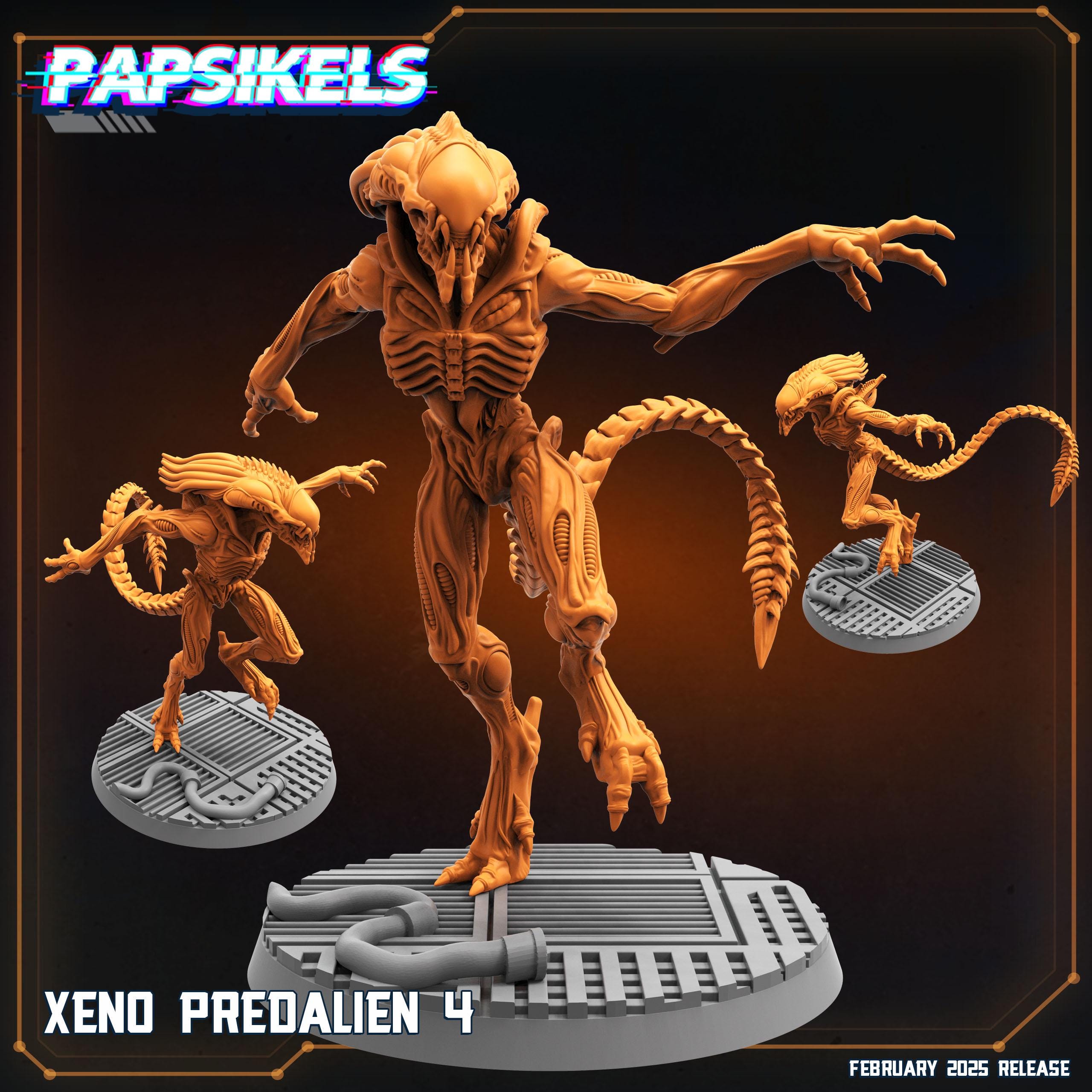 A terrifying alien creature with an elongated head, sharp claws, and biomechanical details, standing on a sci-fi platform. Its powerful stance and menacing posture make it a formidable figure, perfect for RPG or tabletop games.