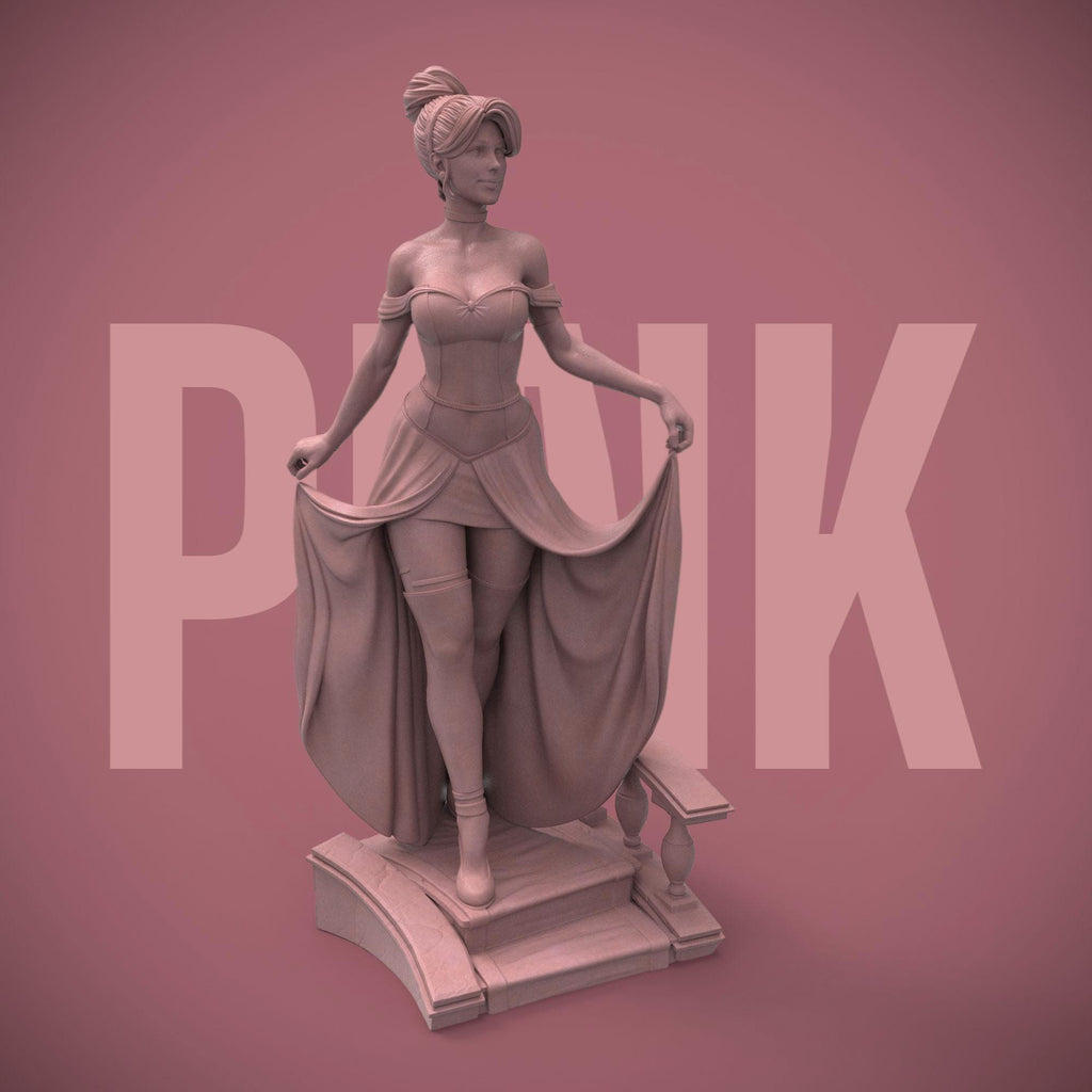 A bold reimagination of the classic princess, this stunning Elaria the Princess of Moonlight statuette blends elegance and seduction. With delicate details from her flowing dress to thigh-high stockings and glass slippers, she steps confidently down the royal stairs—one garter and lost shoe away from a fairytale twist.