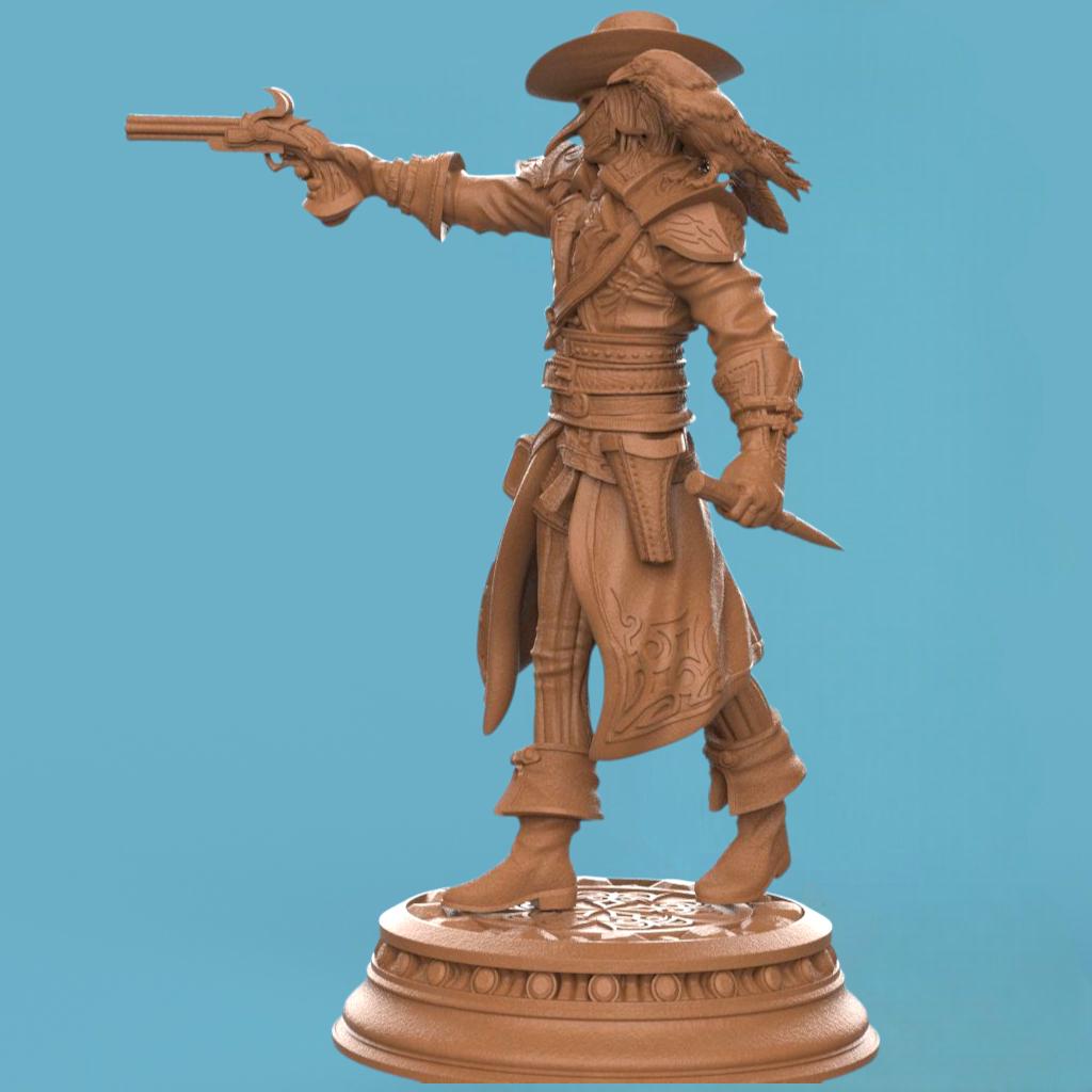 3D-printed miniature of a Vampire Hunter Gunslinger posed in a dynamic stance. The figure wears a wide-brimmed hat and long flowing coat detailed with ornate patterns. One arm extends forward aiming a revolver, while the other holds a weapon at the side. The base is circular with intricate carvings, enhancing the gothic and adventurous style of the character.
