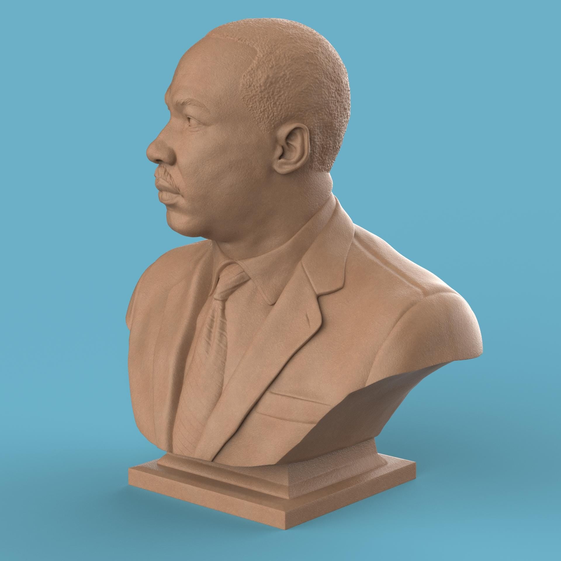 3D-printed bust of Martin Luther King Jr. in a suit and tie, capturing his determined expression with fine detailing, ideal for collectors, tributes, or display décor.