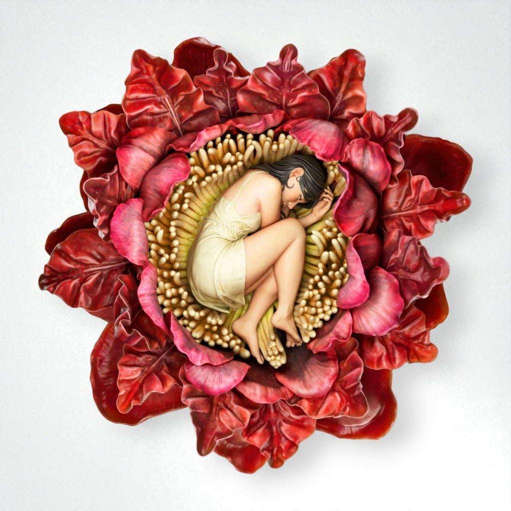 Intricate 3D-printed sculpture of a young woman peacefully curled up and sleeping within the center of a large blooming flower. The figure is detailed with delicate petals and lifelike textures, available in both unpainted and hand-painted versions. The painted model features deep red petals and a pale yellow dress, creating a dreamy, fairytale-like appearance.