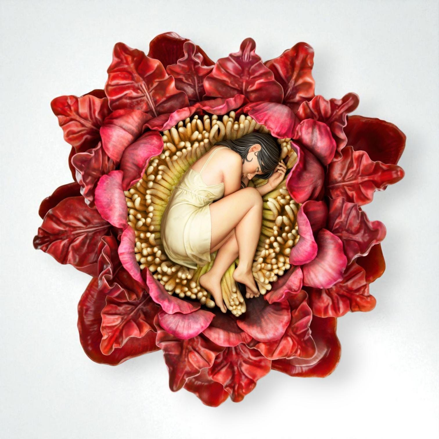 Intricate 3D-printed sculpture of a young woman peacefully curled up and sleeping within the center of a large blooming flower. The figure is detailed with delicate petals and lifelike textures, available in both unpainted and hand-painted versions. The painted model features deep red petals and a pale yellow dress, creating a dreamy, fairytale-like appearance.