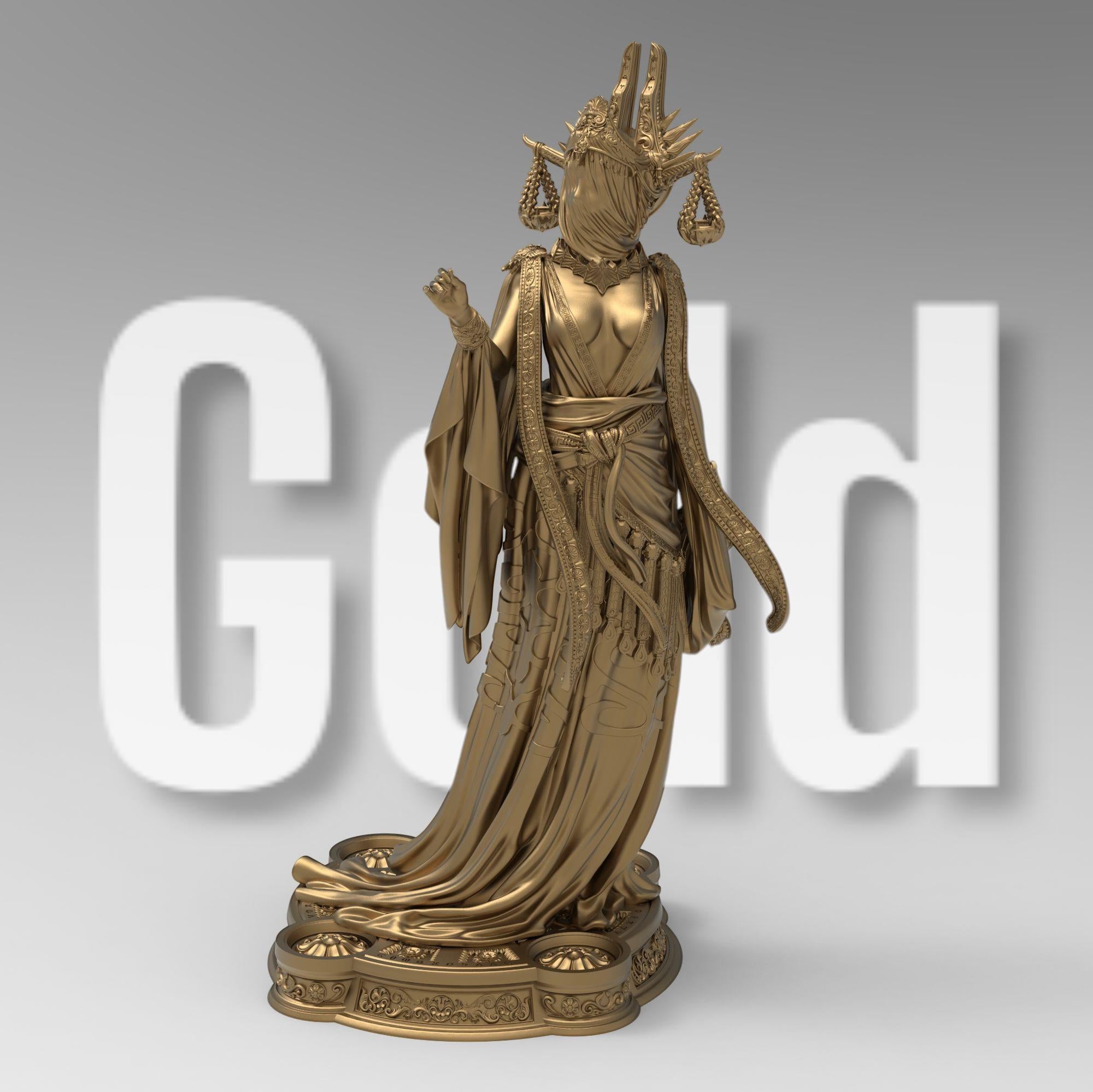 Highly detailed 3D-printed statue of Atropos the Moirai. Depicted in a flowing robe with intricate gold detailing, a veiled face, and an elaborate headdress featuring hanging scales. A stunning display of divine elegance and fate’s embodiment.