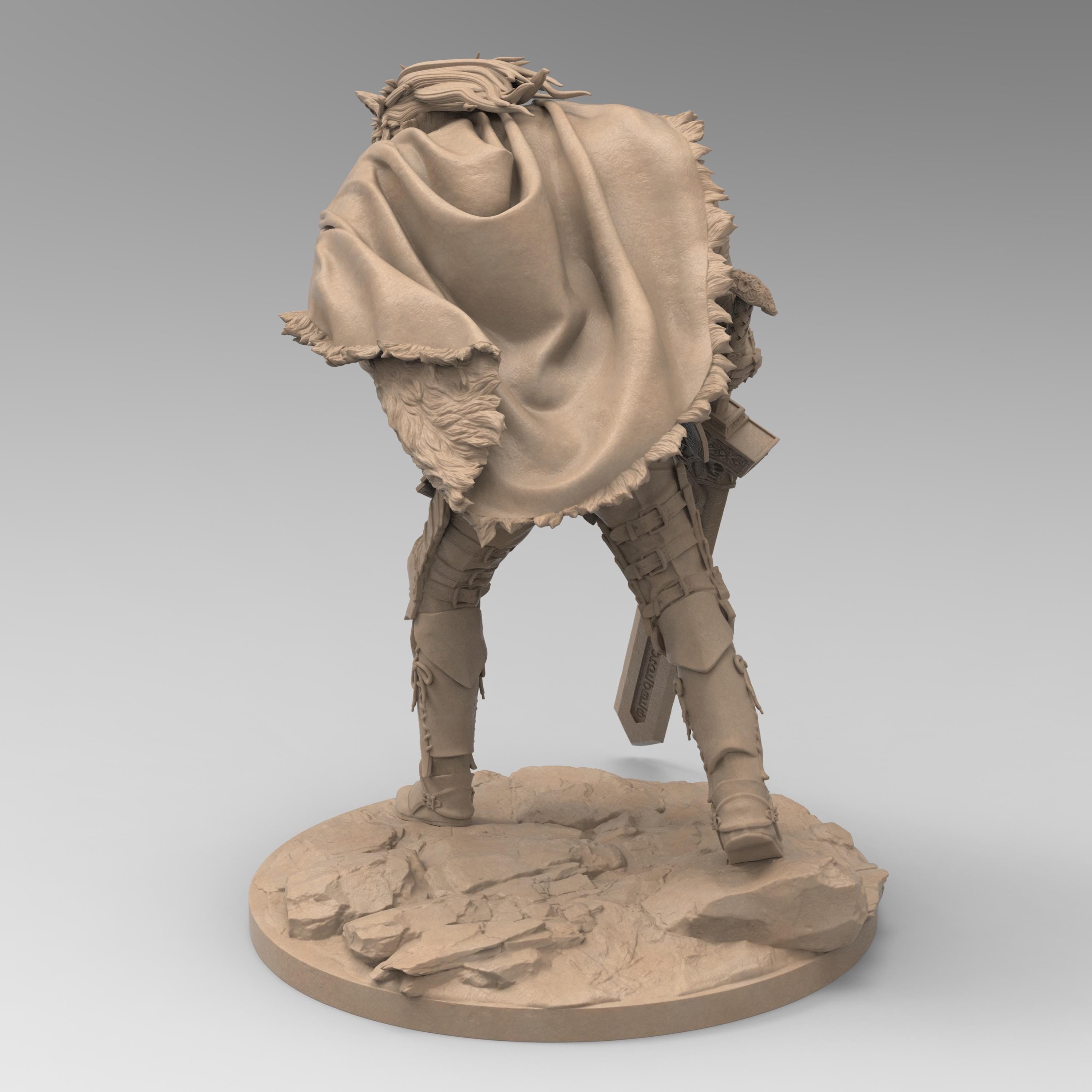 3D-printed figure of Blaidd from Elden Ring, capturing his wolf-like features and imposing armor. Standing tall with a fierce expression, this statue embodies the half-wolf warrior's noble and loyal nature, sword drawn and ready for battle.