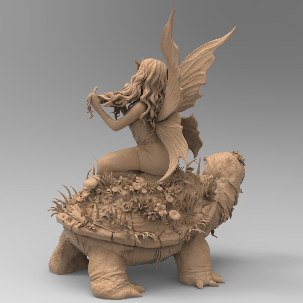 A delicate fairy with flowing hair and floral accessories sits atop a large turtle covered in lush vegetation. She gracefully plays with her hair, her translucent wings extending behind her. The turtle's wise expression adds to the enchanting scene.