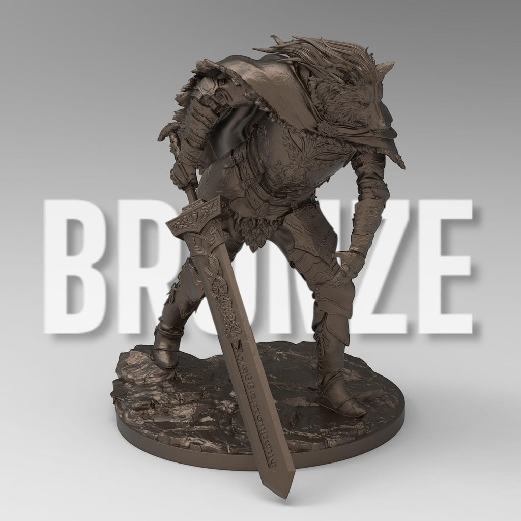 3D-printed figure of Blaidd from Elden Ring, capturing his wolf-like features and imposing armor. Standing tall with a fierce expression, this statue embodies the half-wolf warrior's noble and loyal nature, sword drawn and ready for battle.
