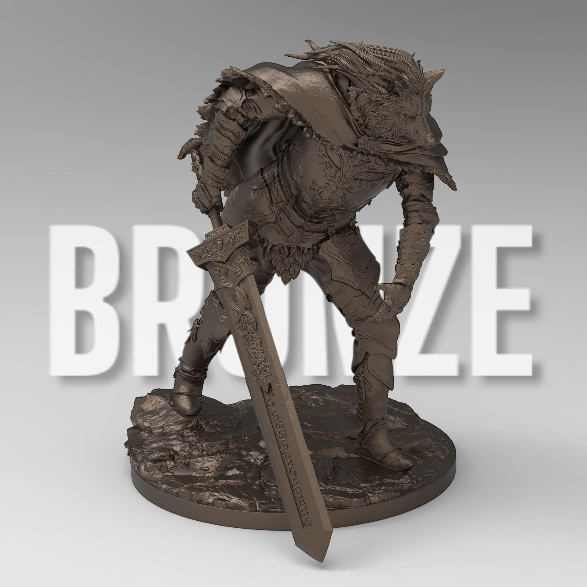 3D-printed figure of Blaidd from Elden Ring, capturing his wolf-like features and imposing armor. Standing tall with a fierce expression, this statue embodies the half-wolf warrior's noble and loyal nature, sword drawn and ready for battle.