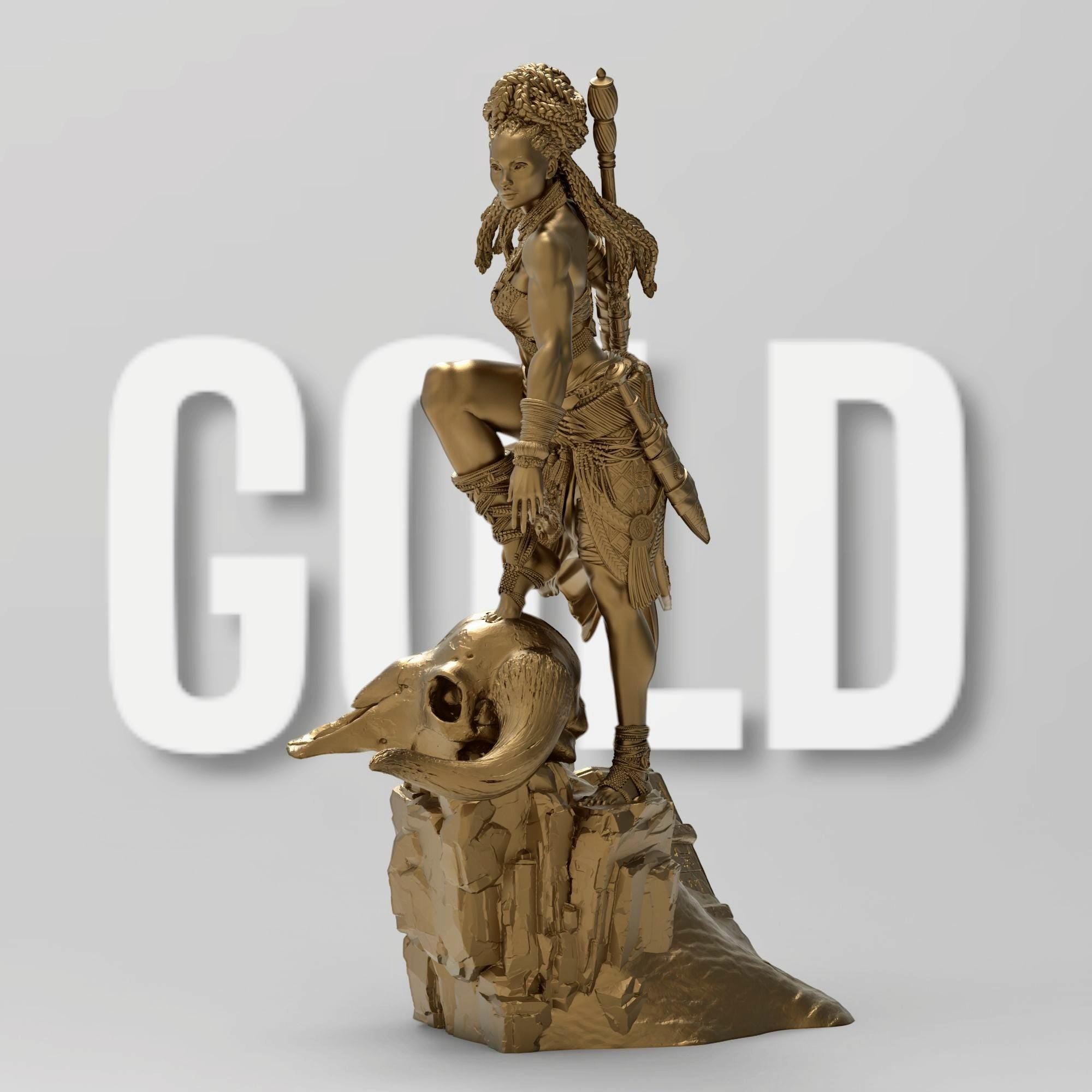 Elzebe, the Warrior Queen, stands atop a rocky skull, exuding strength and regality. Clad in intricate armor, her braided hair flows as she surveys the battlefield. A fierce leader, she embodies resilience and power, a true queen of war and legend.