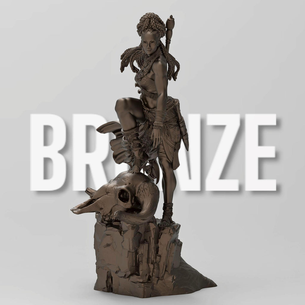 Elzebe, the Warrior Queen, stands atop a rocky skull, exuding strength and regality. Clad in intricate armor, her braided hair flows as she surveys the battlefield. A fierce leader, she embodies resilience and power, a true queen of war and legend.