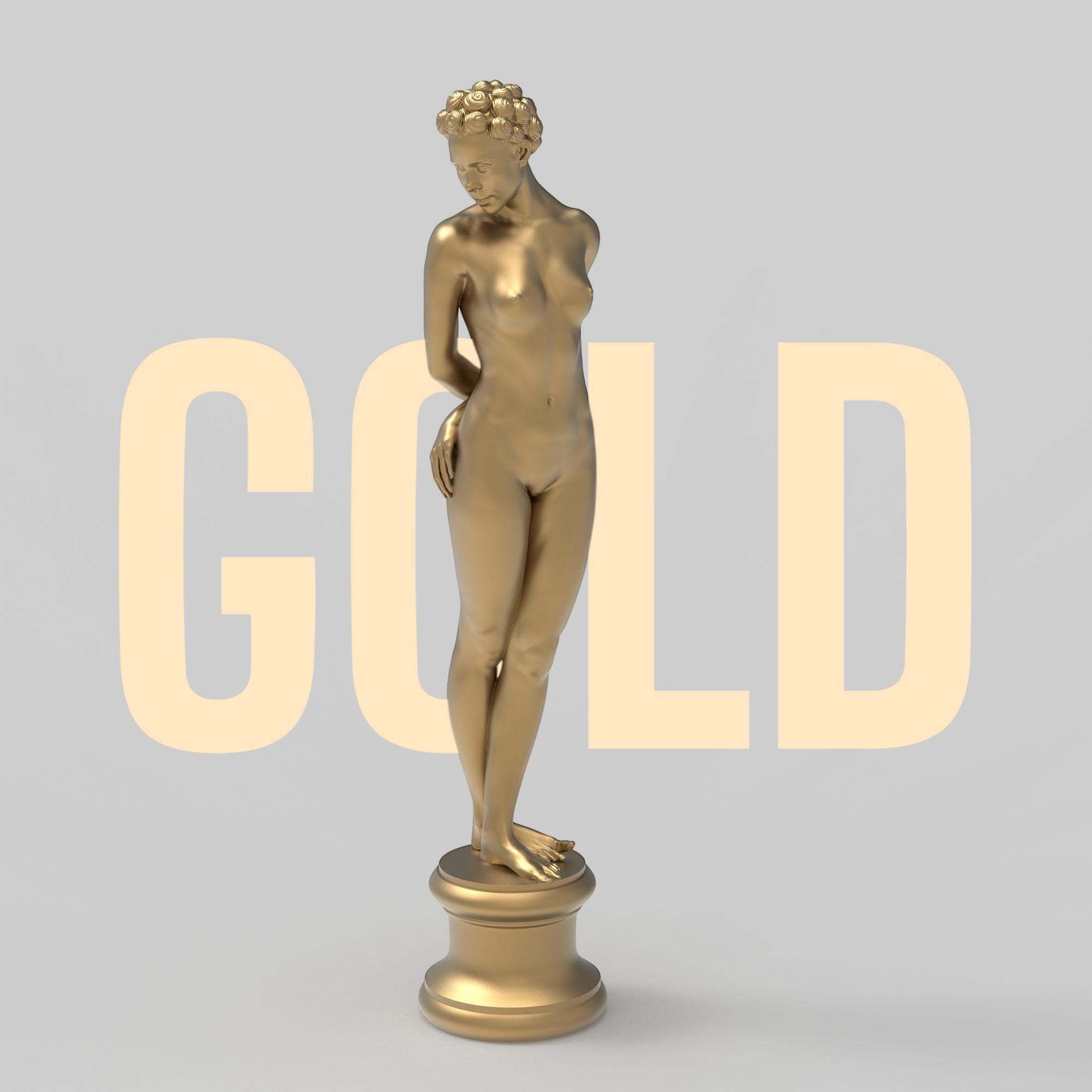Elegant minimalist sculpture of a nude woman with vintage hair rollers, posed shyly on a round pedestal. “The Woman X” combines classical grace and modern rebellion in one striking collectible.