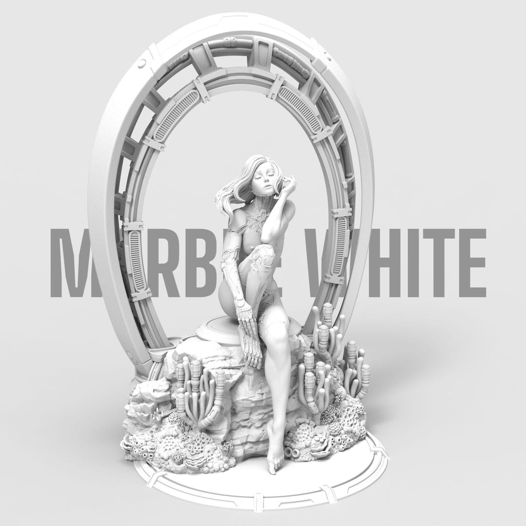 A bold fusion of humanity and machine, My Identity captures the vulnerability and strength of a cybernetic woman in serene reflection. Surrounded by coral and framed in tech, this evocative piece explores self-discovery, transformation, and the line between organic and artificial life.