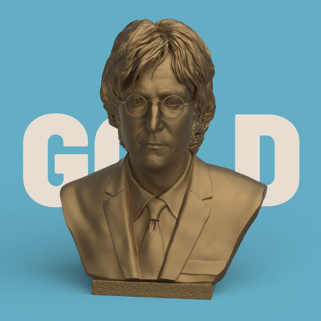 3D-printed bust of John Lennon wearing round glasses and a suit with tie, finely detailed to capture his calm and thoughtful expression — perfect for music fans, collectors, and art displays.