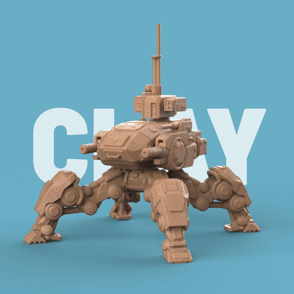 3D-printed Jabal Mech Assault Walker featuring four armored legs, heavy cannons, and radar unit. A detailed futuristic war machine miniature, perfect for tabletop gaming, collectors, and display.