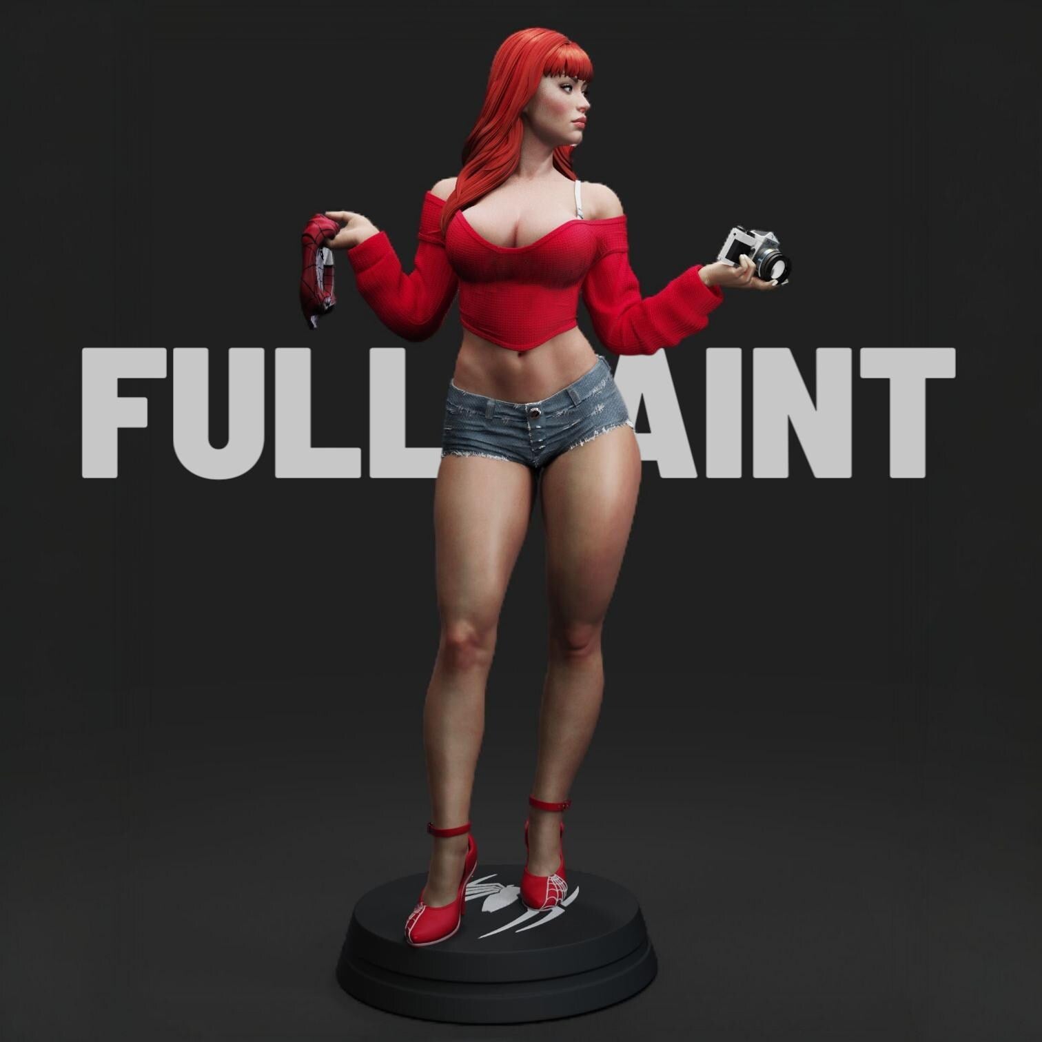 Stylized 3D-printed figurine of Mary Jane in a confident pose, holding a camera in one hand and a cloth in the other. She is dressed in a cropped sweater and short shorts, with long flowing hair and high heels. Available in bronze, gold, and silver finishes, the sculpture showcases fine detail and a modern, fashionable aesthetic.