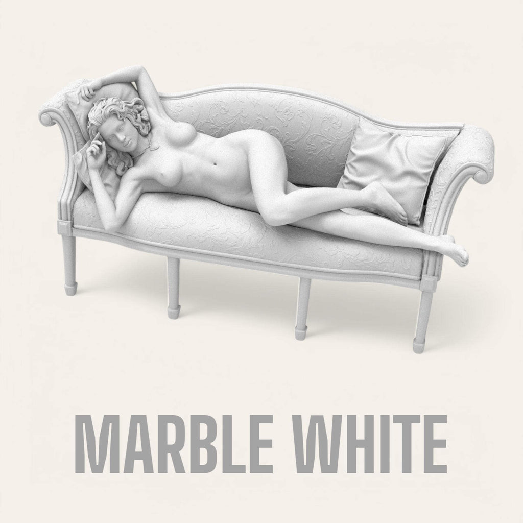 Titanic Rose 3D sculpture inspired by the iconic film pose. A graceful figure reclines nude on a vintage sofa, with detailed textures in fabric and anatomy, capturing a timeless moment of elegance and vulnerability.