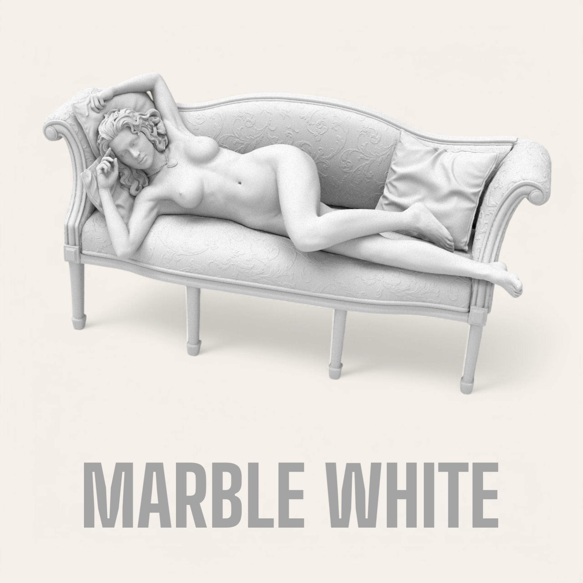 Titanic Rose 3D sculpture inspired by the iconic film pose. A graceful figure reclines nude on a vintage sofa, with detailed textures in fabric and anatomy, capturing a timeless moment of elegance and vulnerability.