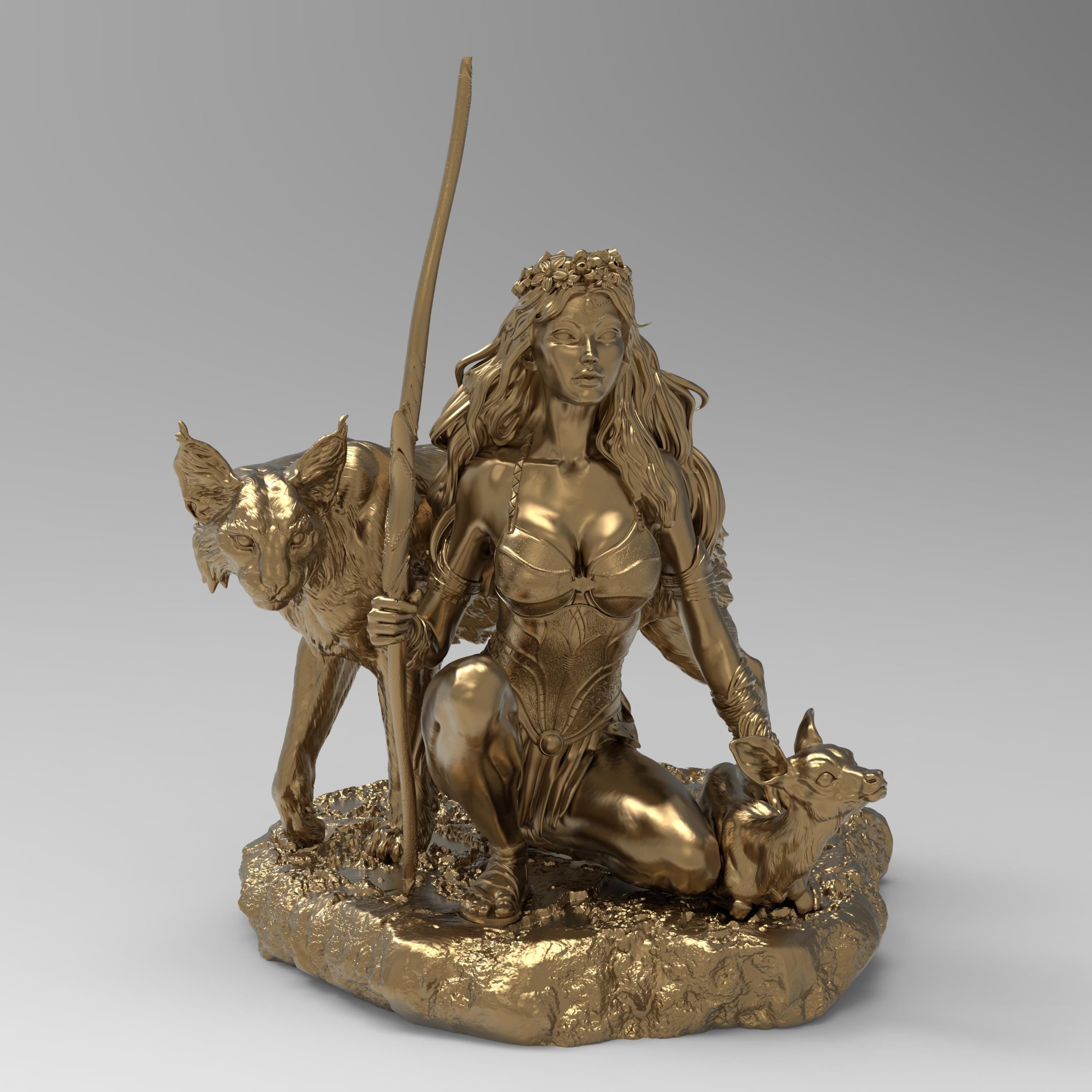 Detailed statue of Artemis kneeling with a spear, accompanied by a wolf and a fawn, set on a rocky base. She wears a floral crown and intricate armor, embodying a goddess of the hunt and nature.